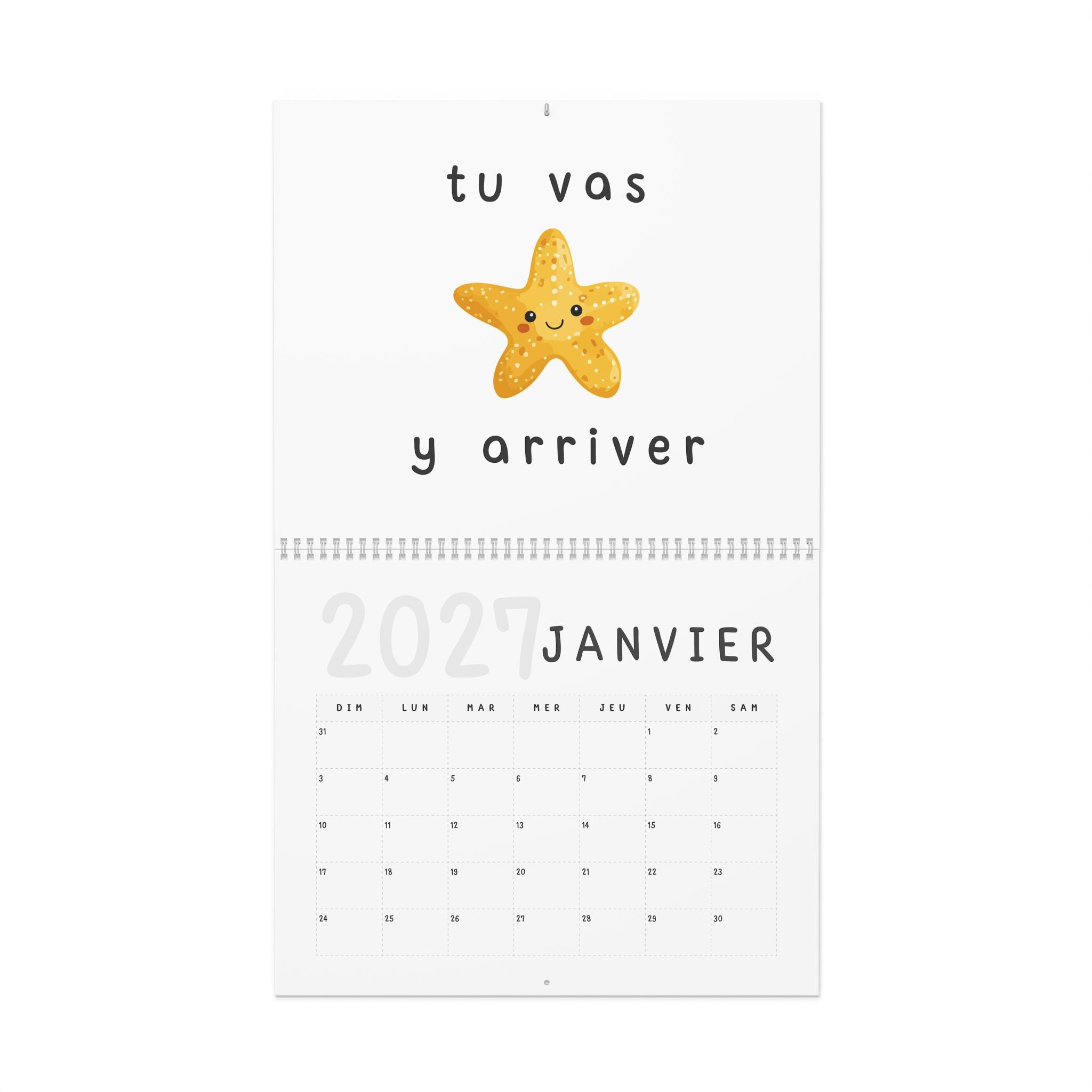 French motivational phrases kawaii Monthly Wall Calendar 2027, Cute Encouragement Calendar