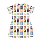 Michigan Cities Postage Stamps Pattern T‑Shirt Dress — Vintage Postal Collage featuring Michigan's beloved landmarks