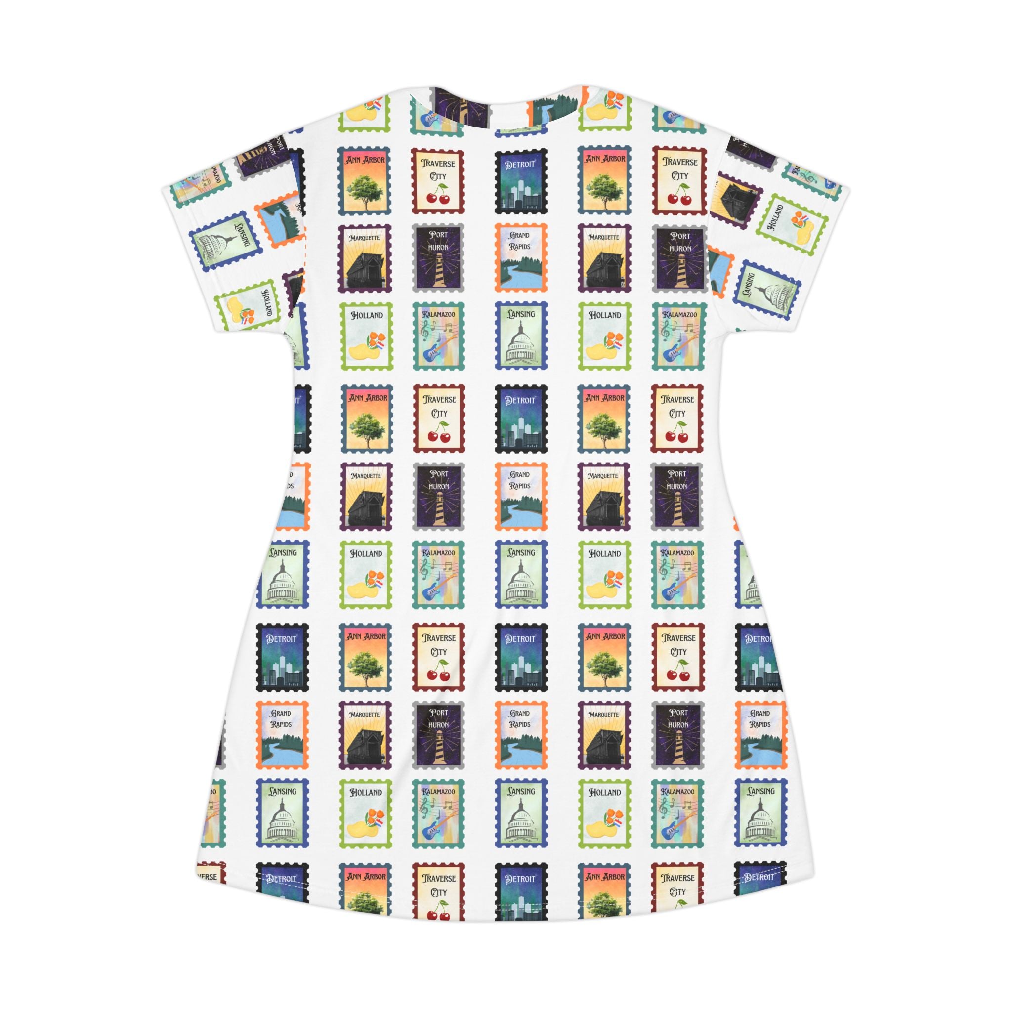 Michigan Cities Postage Stamps Pattern T‑Shirt Dress — Vintage Postal Collage featuring Michigan's beloved landmarks