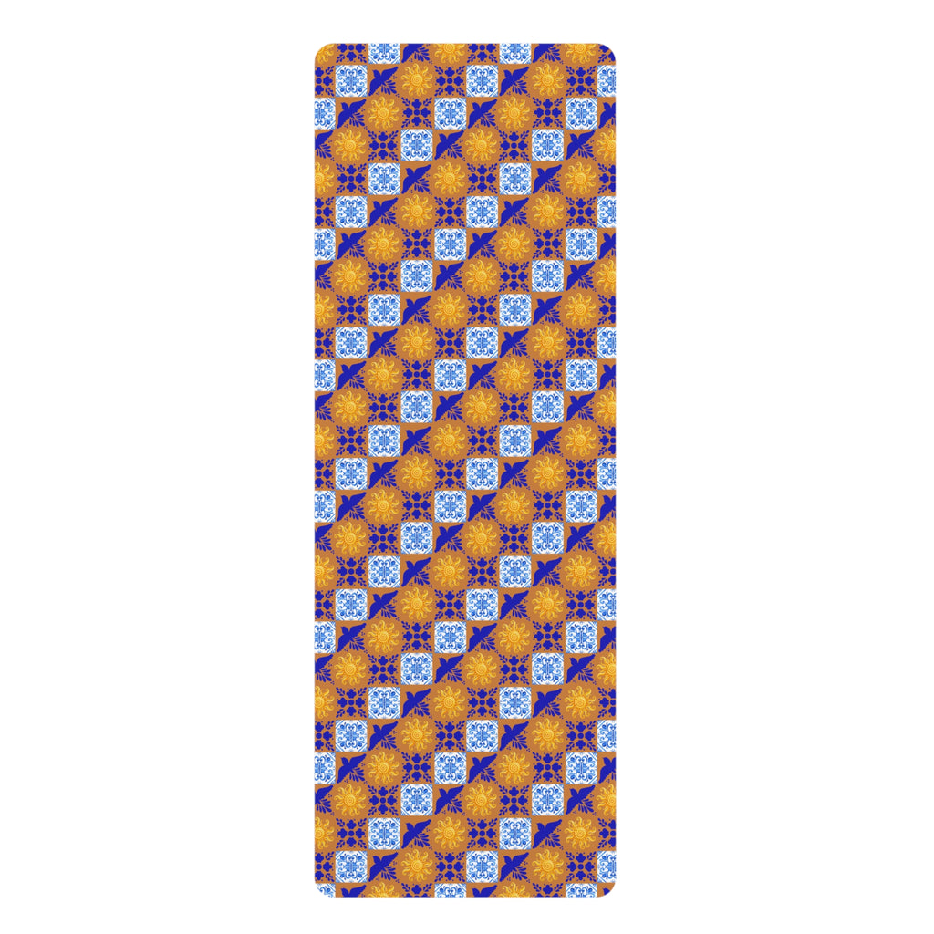 Talavera Sol Tile Pattern Rubber Yoga Mat, Mediterranean Geometric Design
