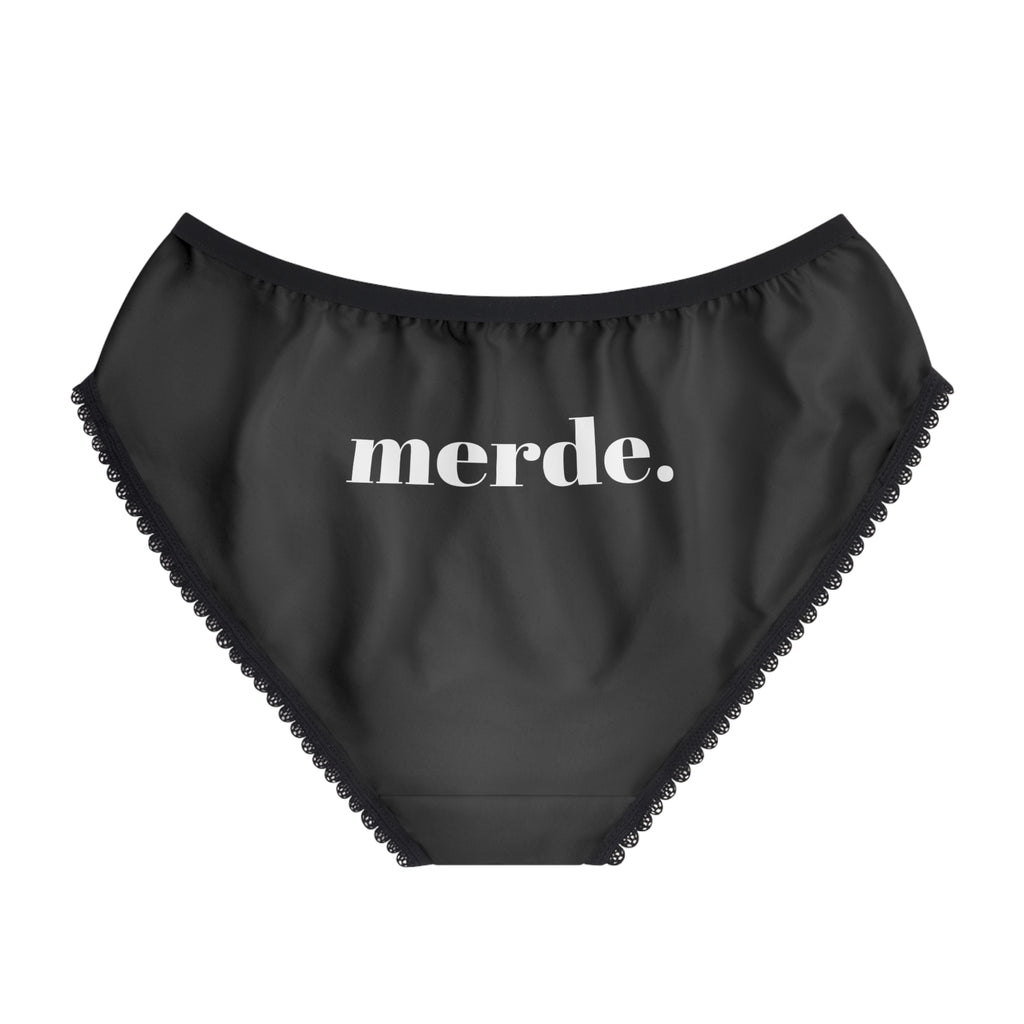 Merde minimalist French undies, Black with white text, funny French gifts for women