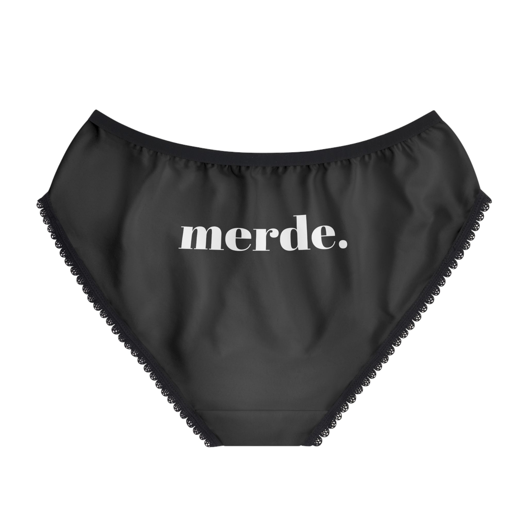 Merde minimalist French undies, Black with white text, funny French gifts for women