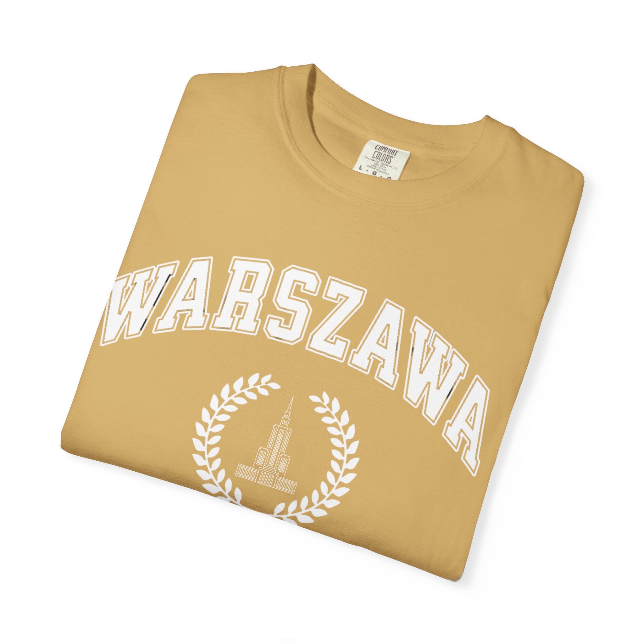 Warszawa Vintage Tee — Warsaw City Crest T-Shirt with Palace of Culture and Science graphic