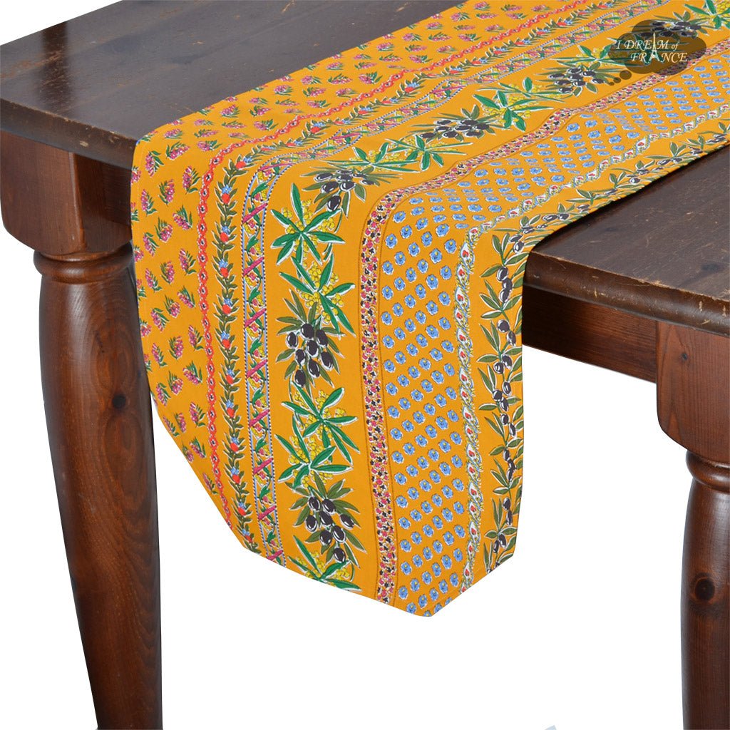 16x72" Olives Mustard Yellow Acrylic - Coated Cotton Provence Table Runner by Le Cluny Table runner La Vie Bien 16x72" Olives Mustard Yellow Acrylic - Coated Cotton Provence Table Runner by Le Cluny