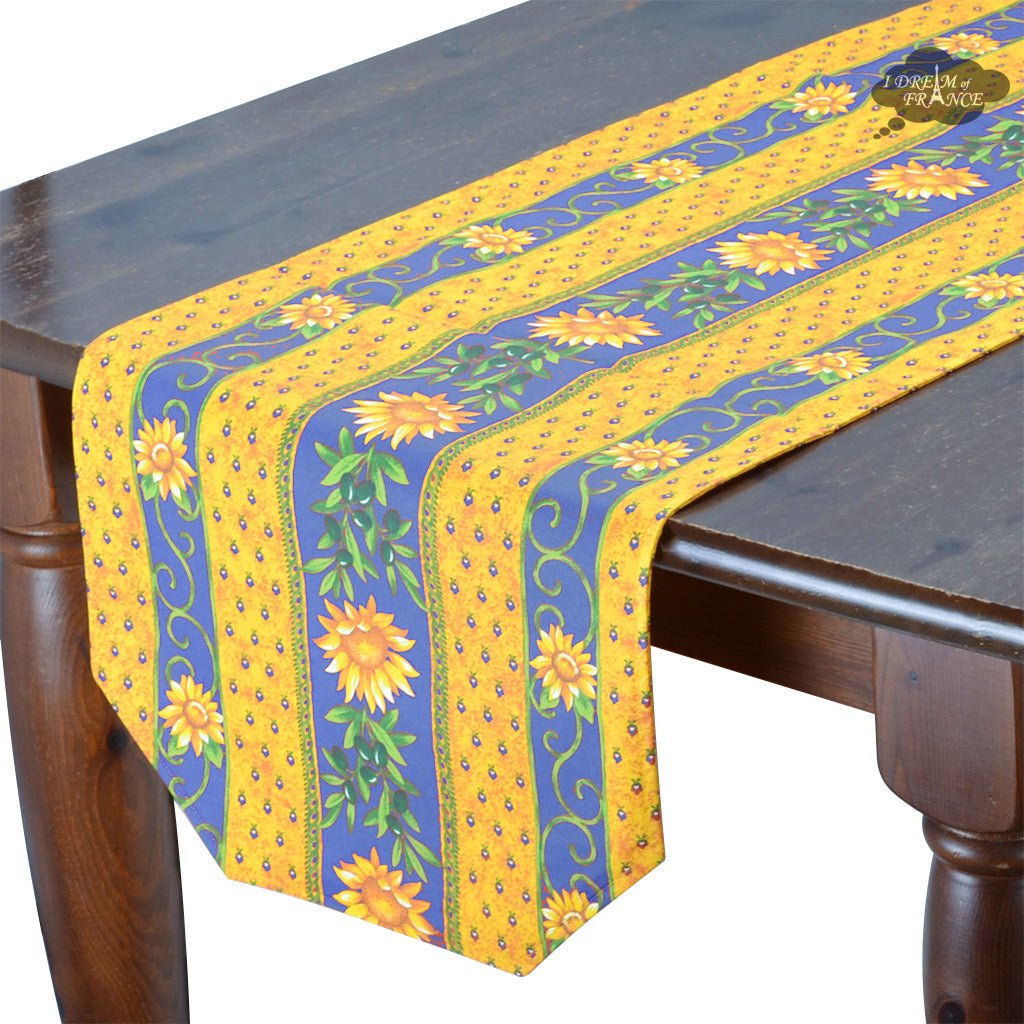 16x72" Sunflower Blue Acrylic - Coated Cotton Provence Table Runner by Le Cluny Table runner La Vie Bien 16x72" Sunflower Blue Acrylic - Coated Cotton Provence Table Runner by Le Cluny