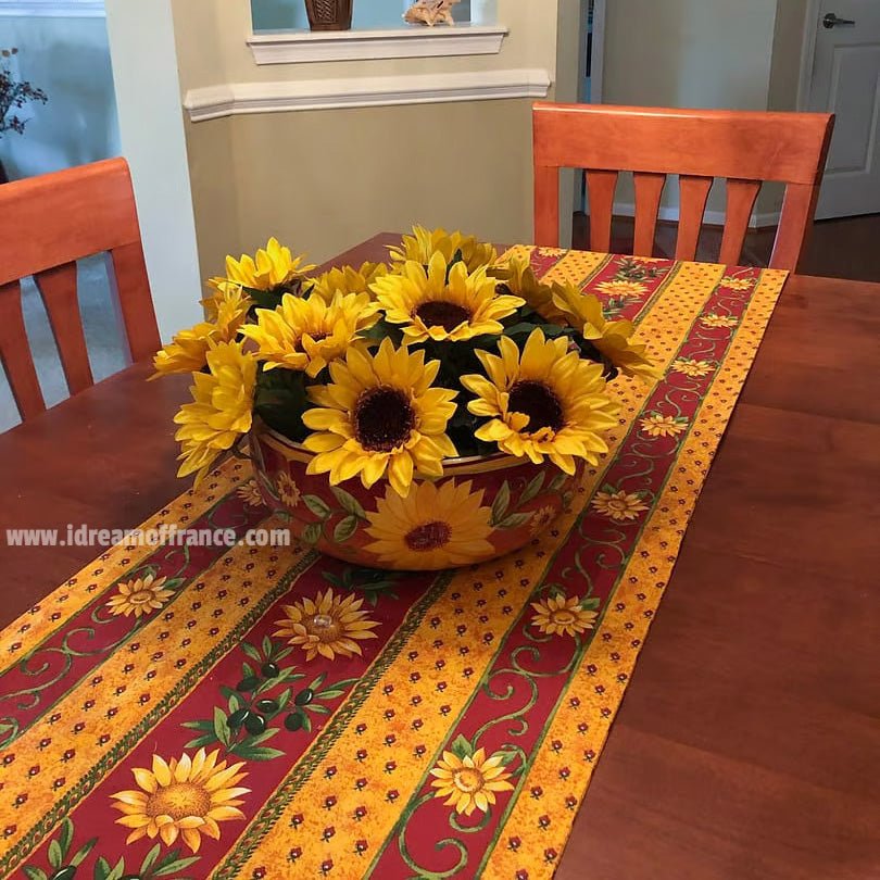 16x72" Sunflower Red Acrylic - Coated Cotton Provence Table Runner by Le Cluny Table runner La Vie Bien 16x72" Sunflower Red Acrylic - Coated Cotton Provence Table Runner by Le Cluny