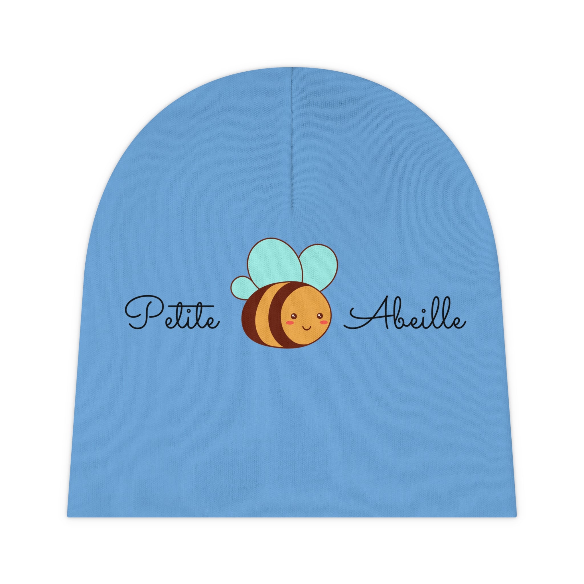 A blue infant baby beanie with the words petite abeille with a graphic of a bee on the front