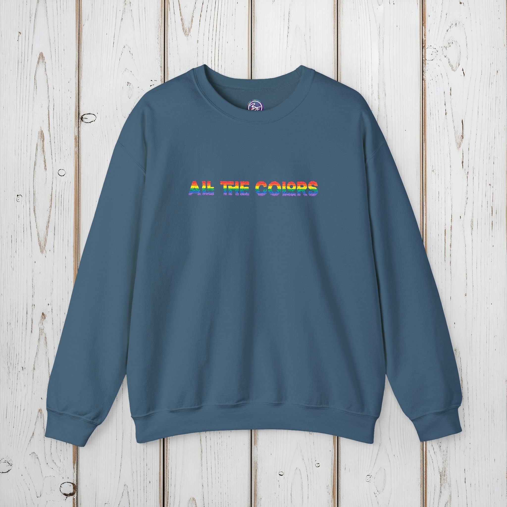 Bespattered Facade "All the Colors" Rainbow Embroidered Crewneck Sweatshirt