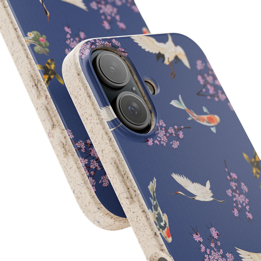 Eco friendly Koi & Crane Cherry Blossom Phone Case, Biodegradable Case