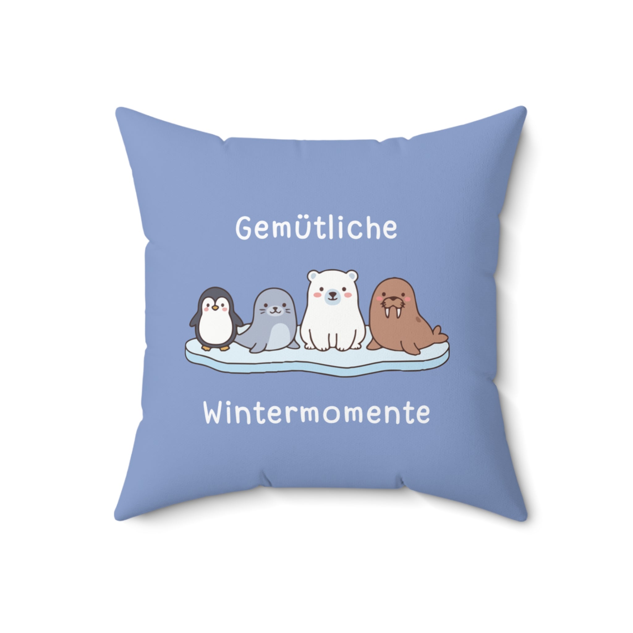 Gemütliche Wintermomente German winter blue themed square pillow, Cozy Winter Animals Pillow