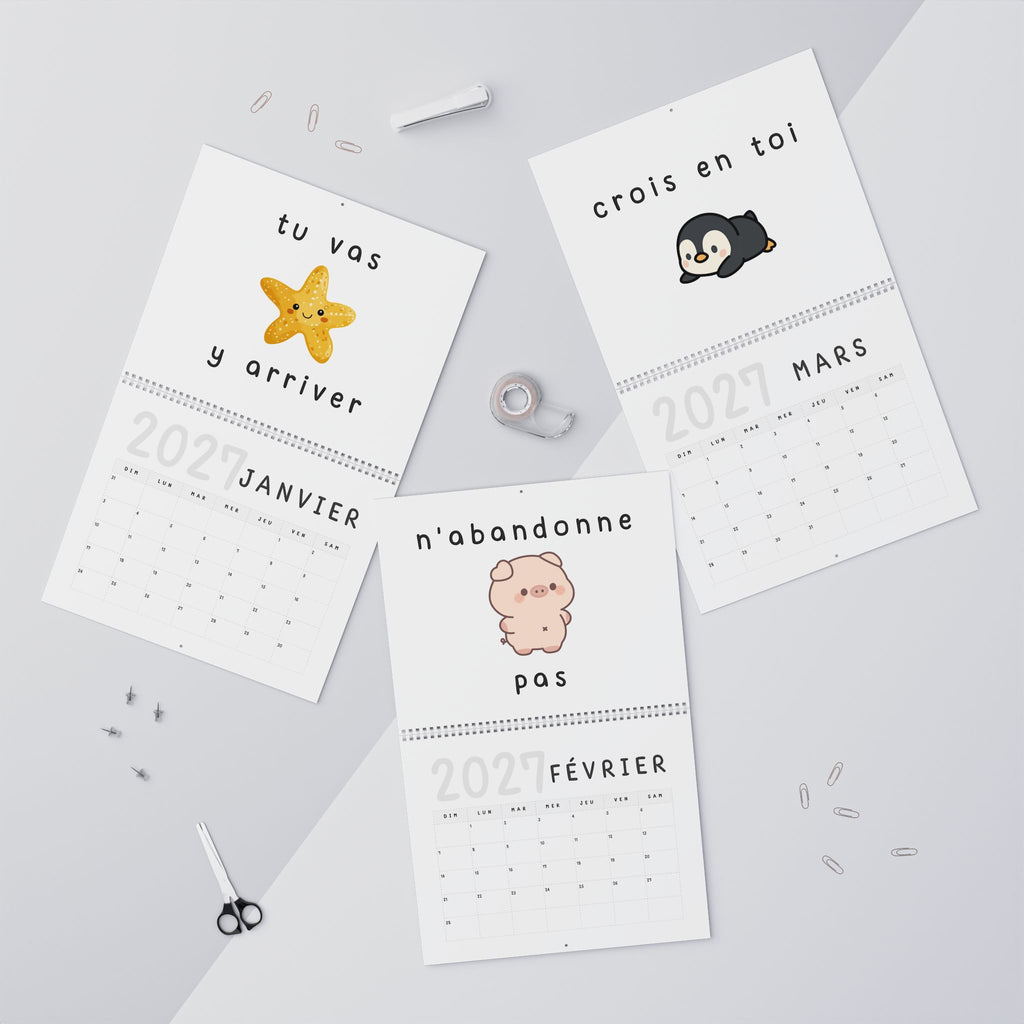 French motivational phrases kawaii Monthly Wall Calendar 2027, Cute Encouragement Calendar