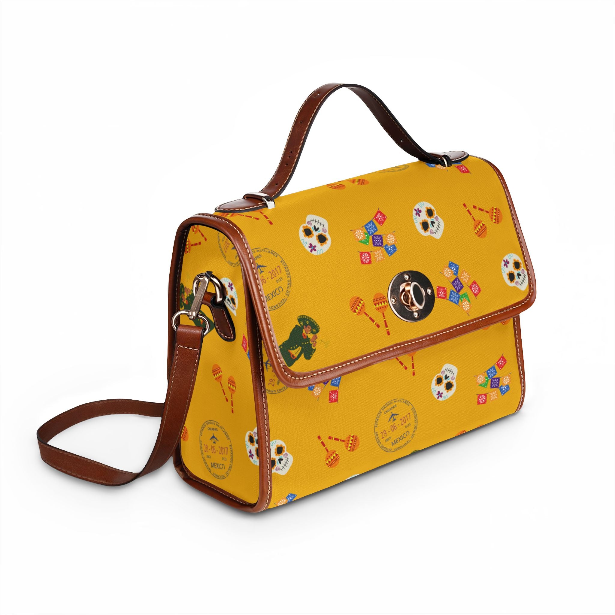 Mexican Pride Handbag, Papel Picado Mariachi Passport Stamp, Dia de los Muertos Skull Canvas Bag