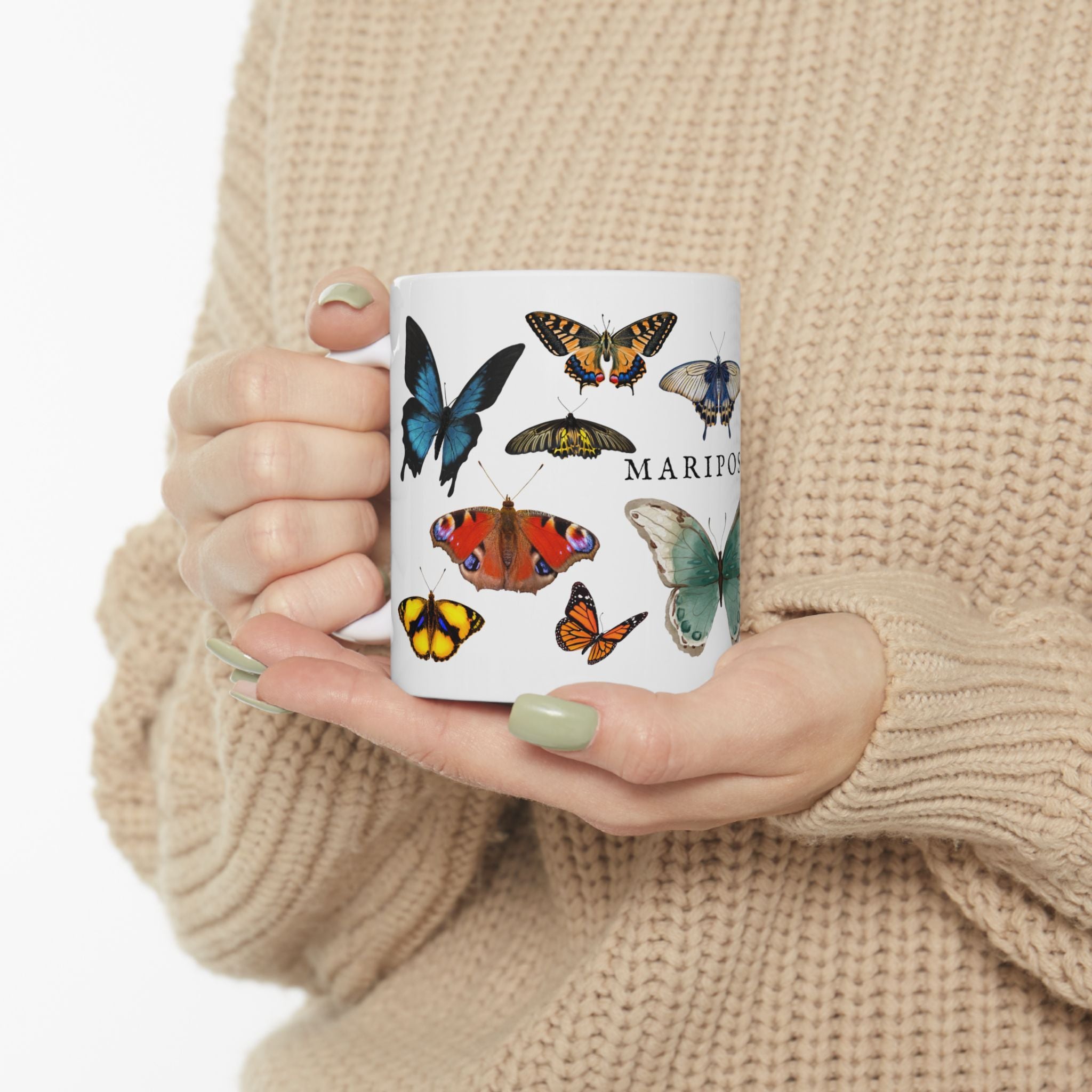 Mariposas Butterfly Ceramic Mug, Vintage style spanish 11oz & 15oz Coffee Cup