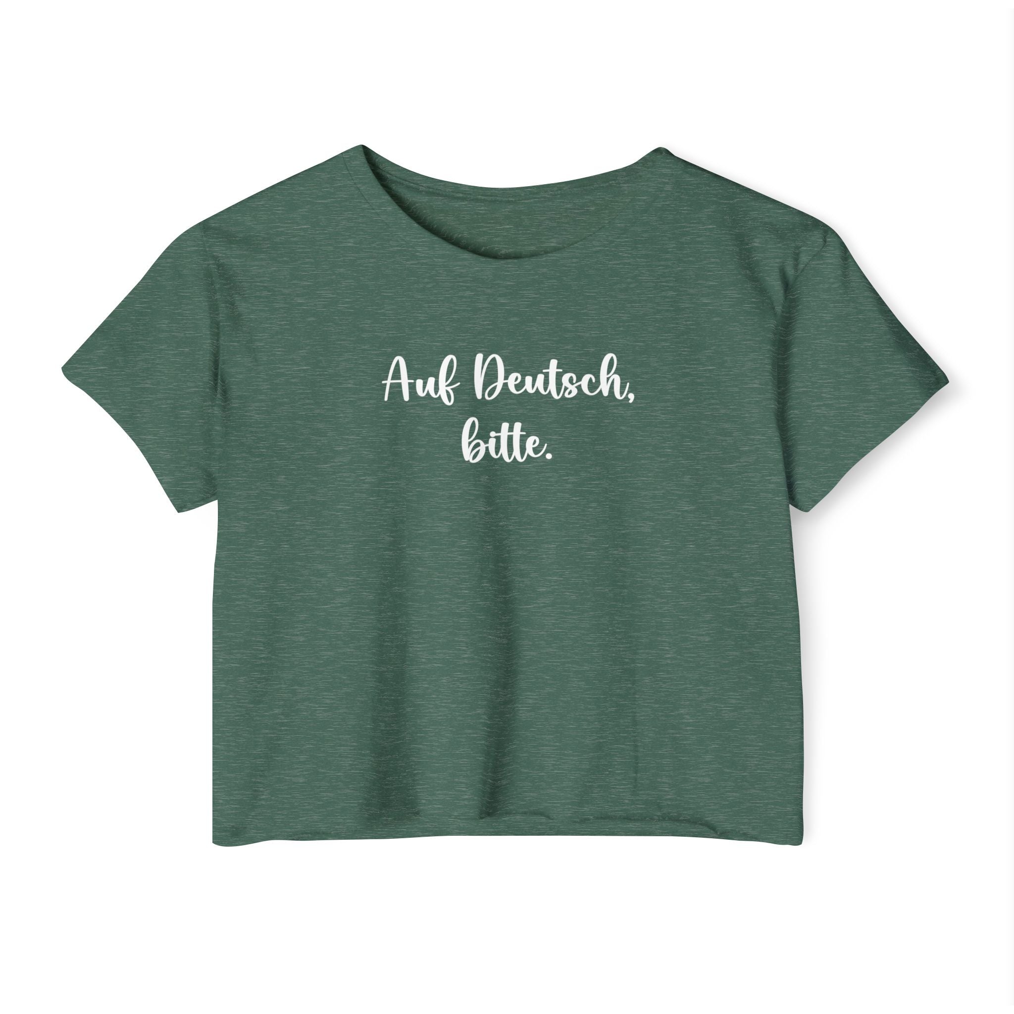 Auf Deutsch, bitte script crop top, German phrase tee, minimalist typography
