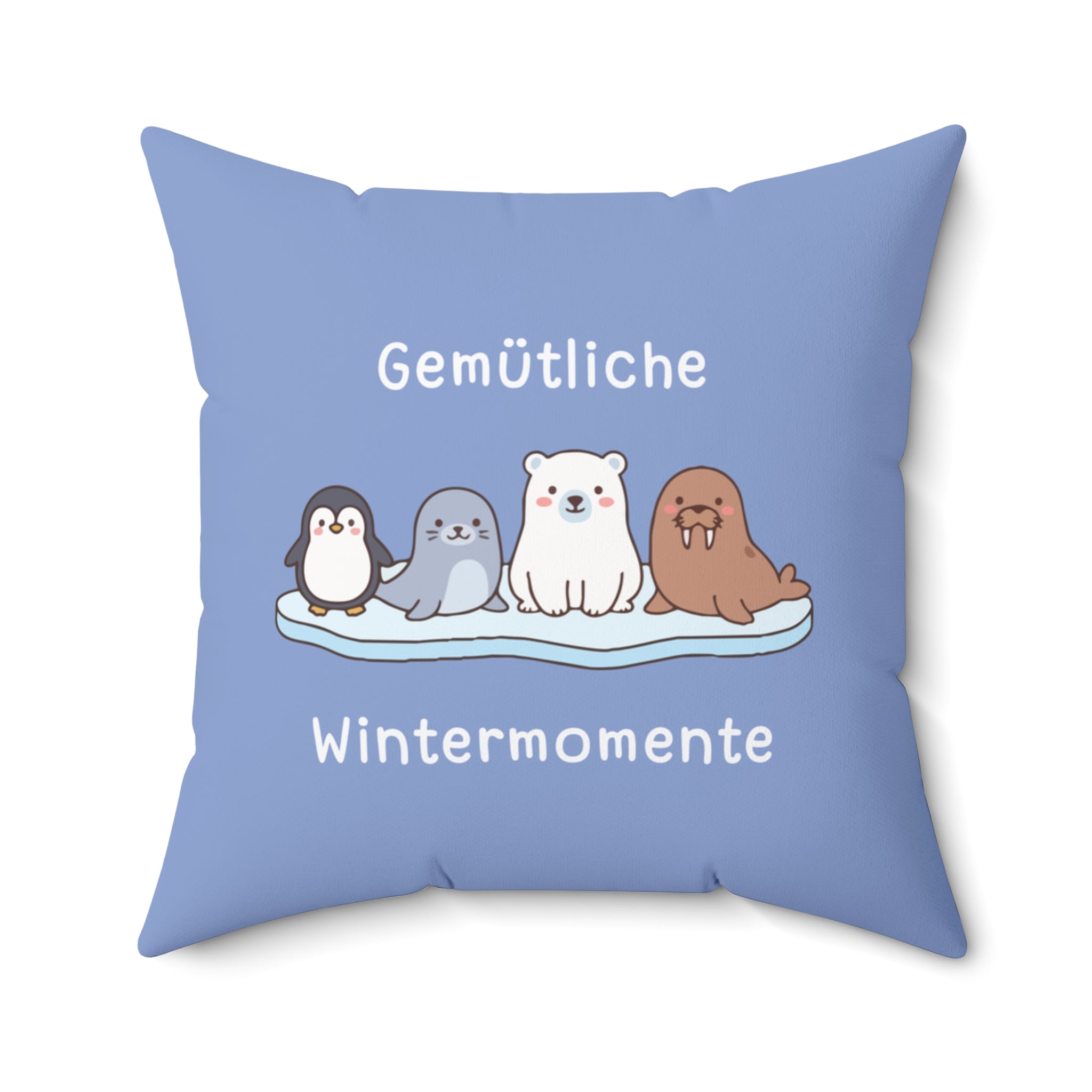 Gemütliche Wintermomente German winter blue themed square pillow, Cozy Winter Animals Pillow