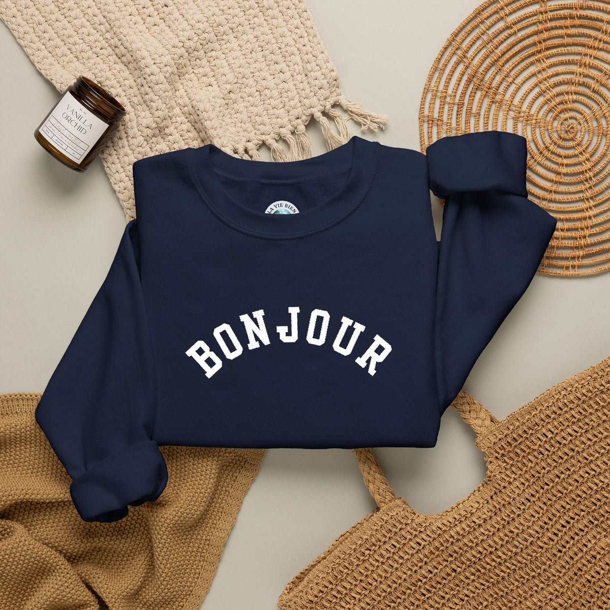 Bonjour embroidered collegiate Crewneck Sweatshirt, Minimal French Graphic Pullover