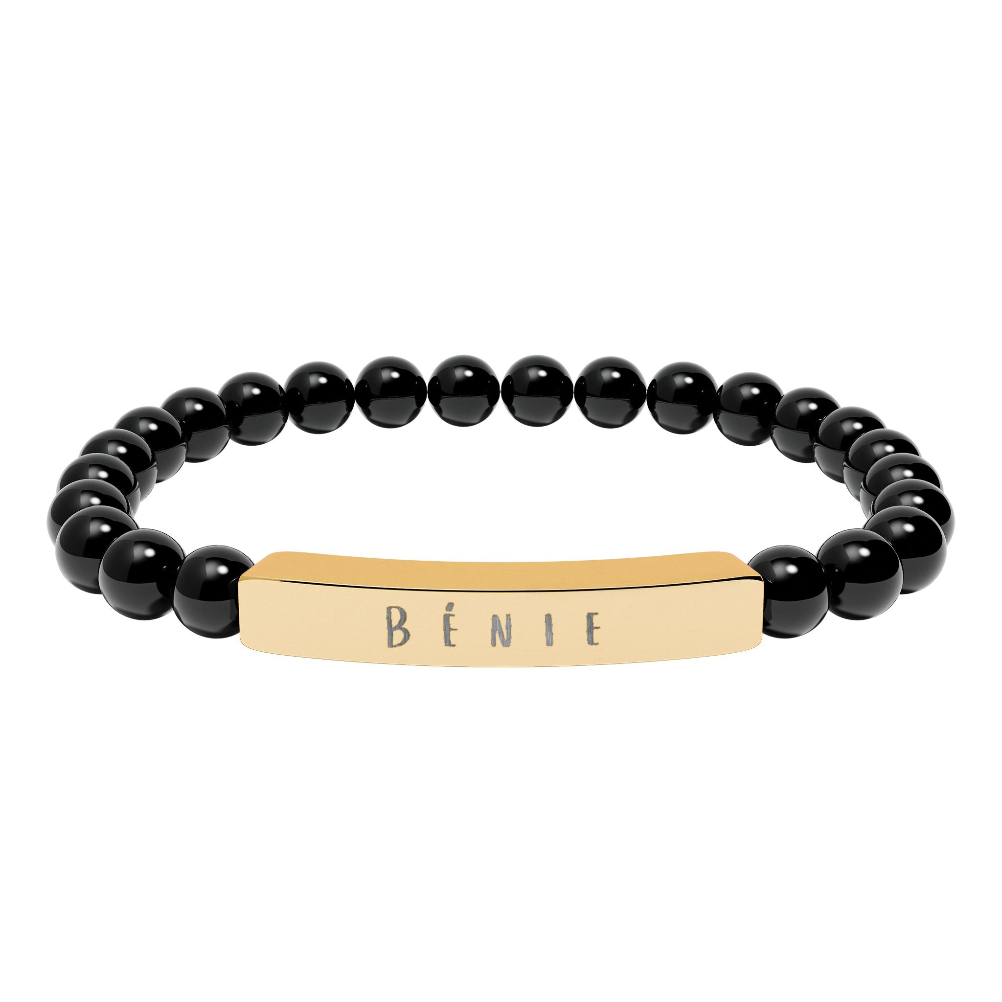 Bénie (Blessed) French beaded Engraved Bar Natural Stone Bracelet, Stretch Bead Bracelet