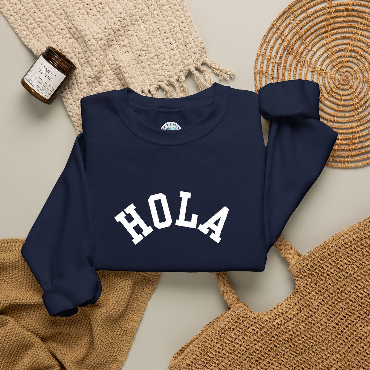 HOLA embroidered collegiate font Crewneck Sweatshirt - Gift for Spanish speakers
