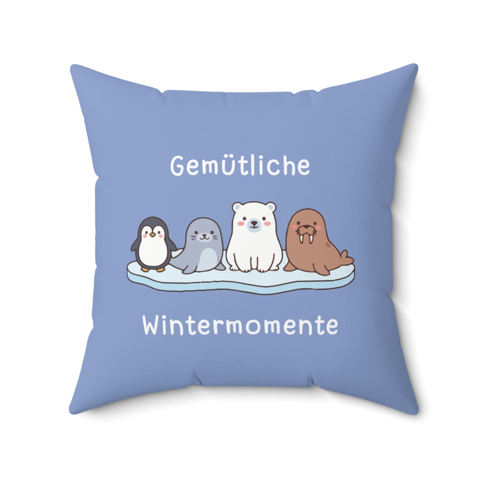 Gemütliche Wintermomente German winter blue themed square pillow, Cozy Winter Animals Pillow