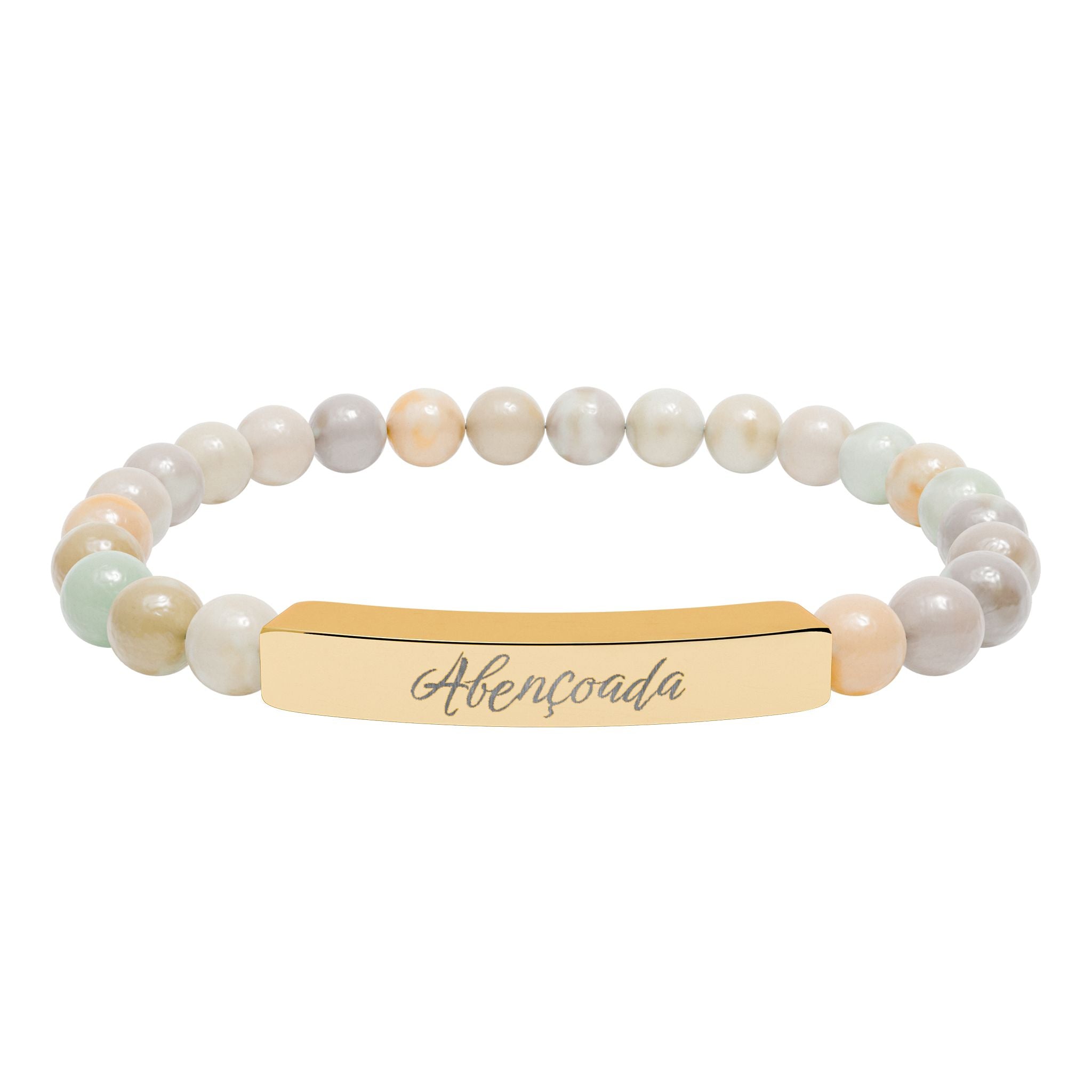 Abençoada Portuguese Blessed Engraved Natural Stone Bead Bracelet, Bar Stretch Bracelet
