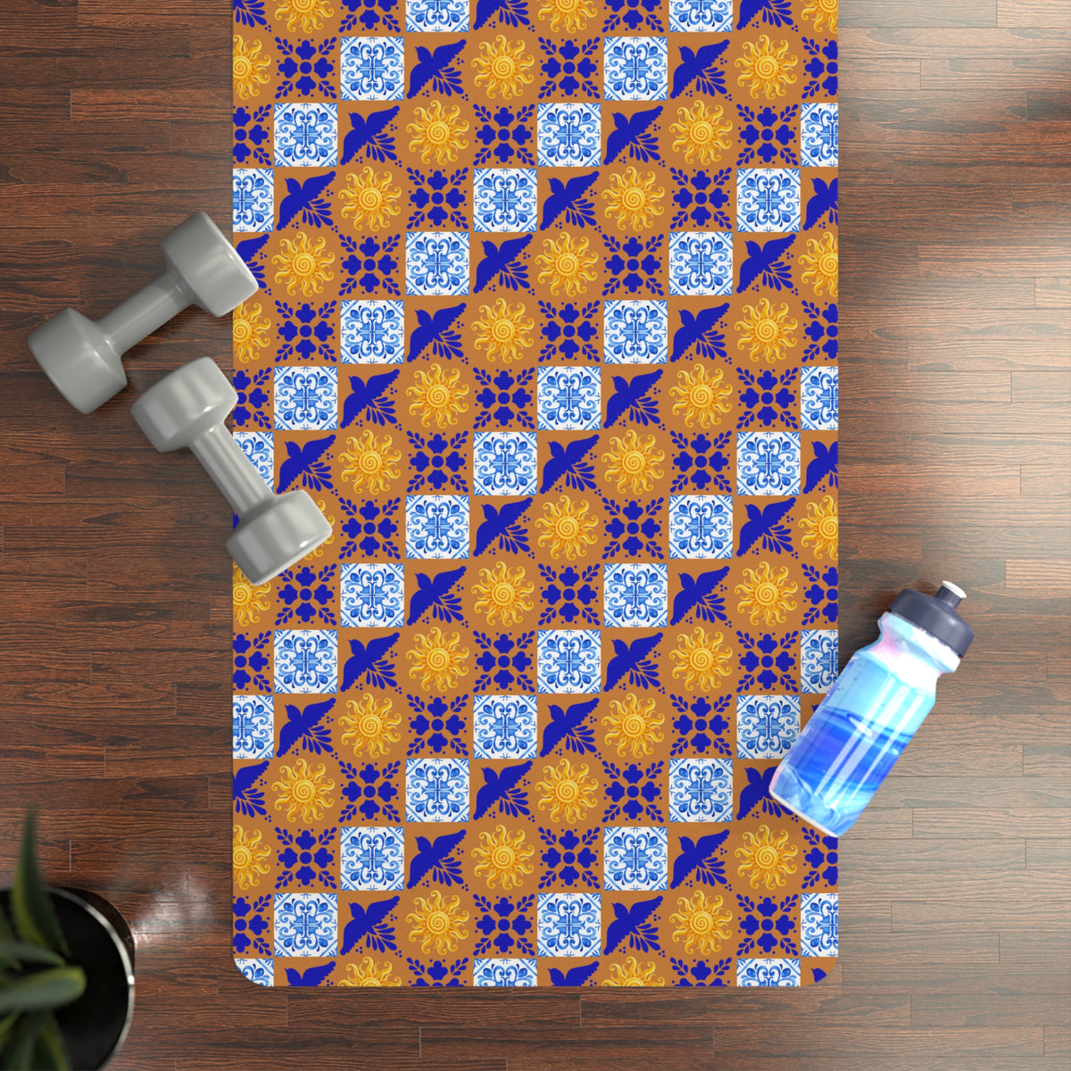 Talavera Sol Tile Pattern Rubber Yoga Mat, Mediterranean Geometric Design