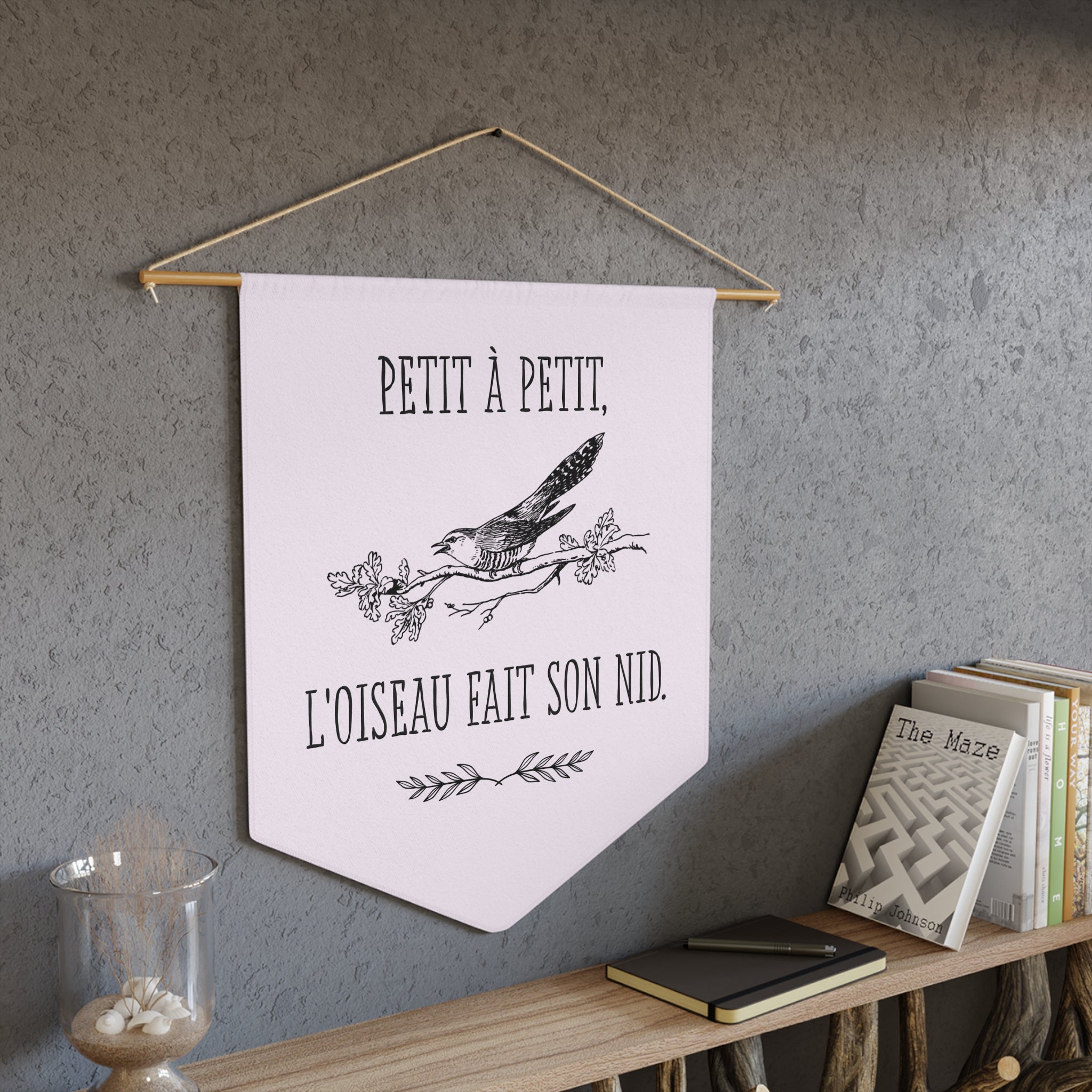 French Bird Pennant Wall Banner – “Petit à Petit, L'oiseau Fait Son Nid” Decorative Flag