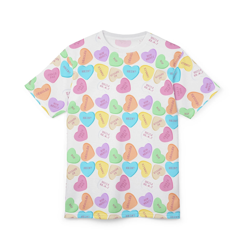 French sass Conversation Heart Pattern Tee, All-Over Print Candy Hearts T-Shirt by Printify