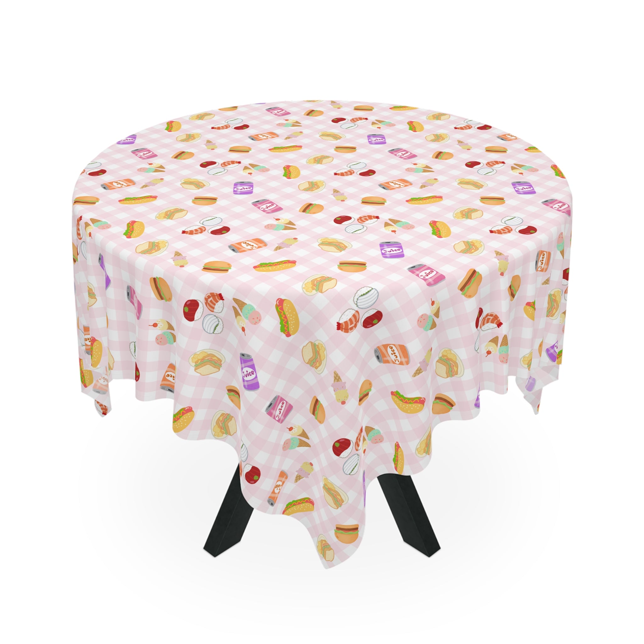 Cute pink gingham foodie Picnic Tablecloth, Cute Sweets Patterned Table Cover for Kids Parties, Everyday Decor