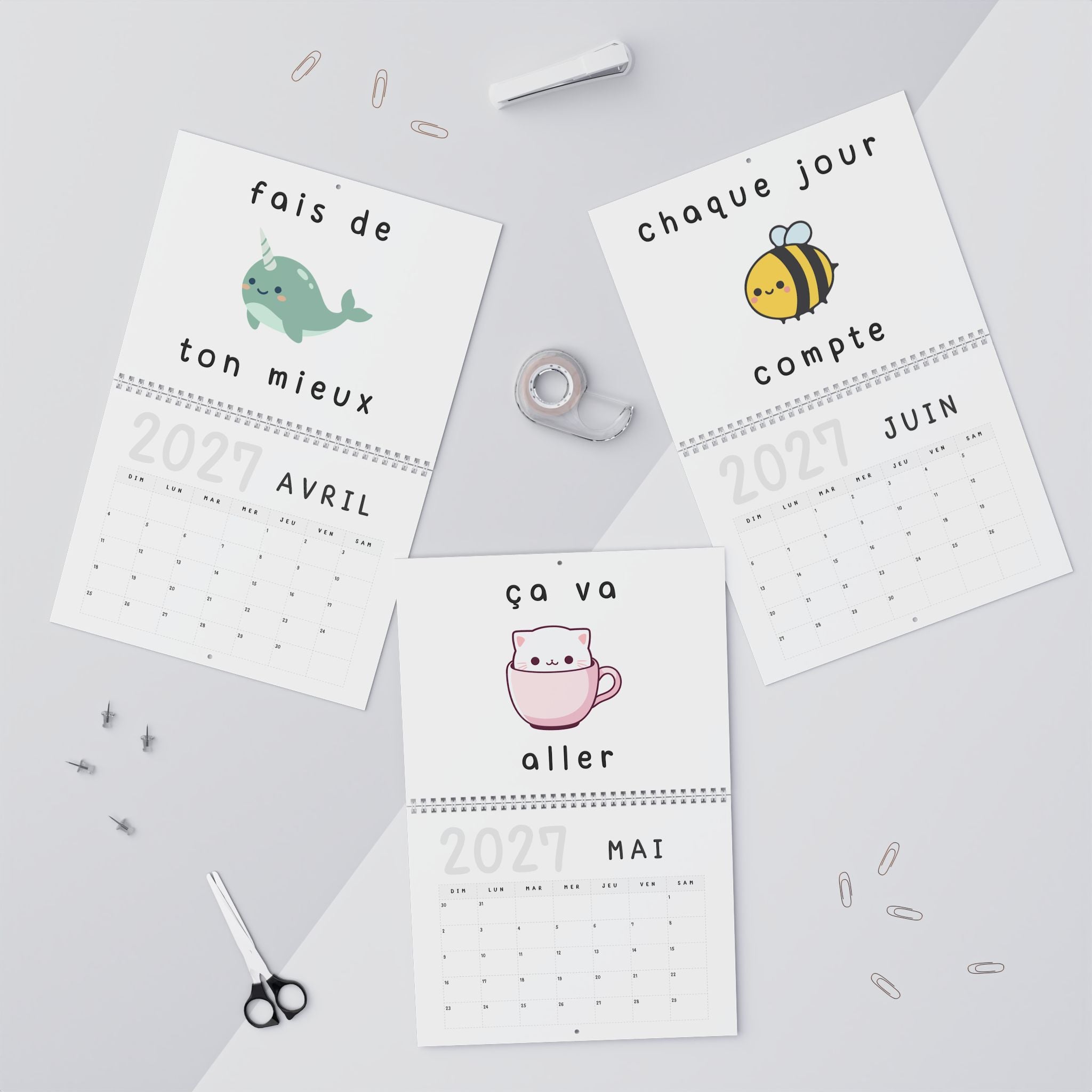 French motivational phrases kawaii Monthly Wall Calendar 2027, Cute Encouragement Calendar