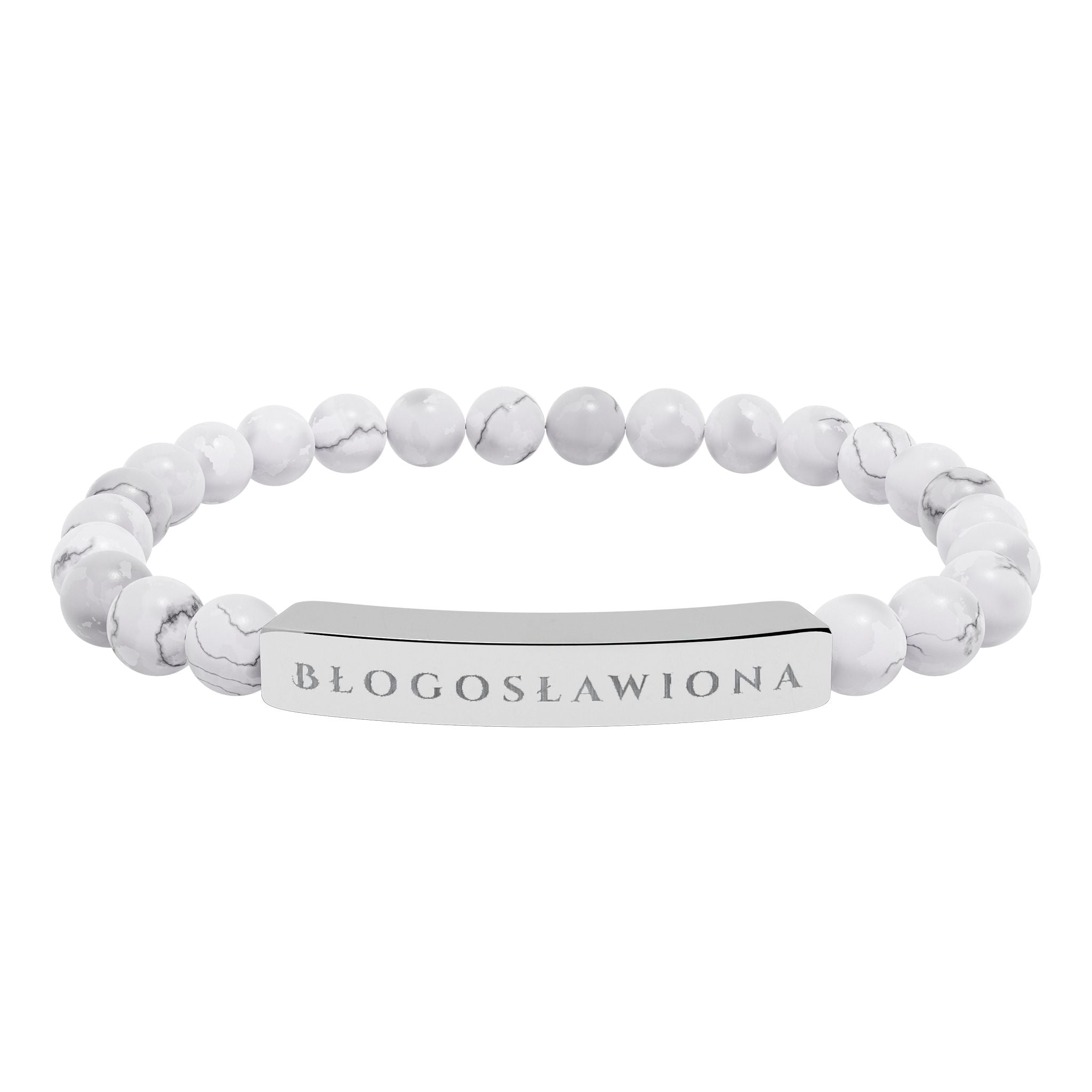 Błogosławiona (Blessed) Polish Engravable Natural Stone Bead Bracelet, Personalized Bar Stretch Bracelet
