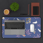 Elegant Cranes, Koi fish, and Cherry Blossom Desk Mat, Blue Floral Desk Pad