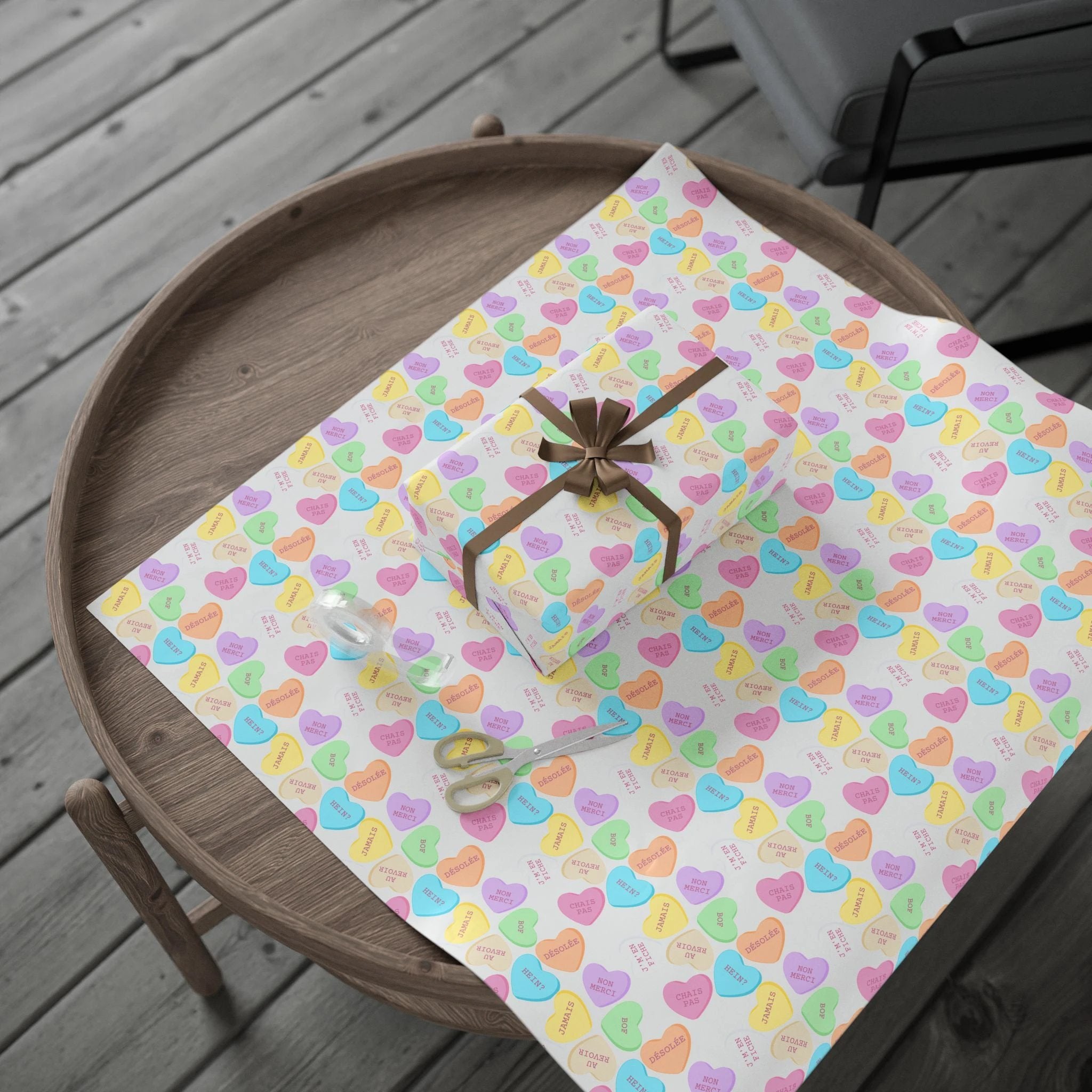 Sassy French Conversation candy Heart Wrapping Paper, Pastel Valentine Gift Wrap by Printify