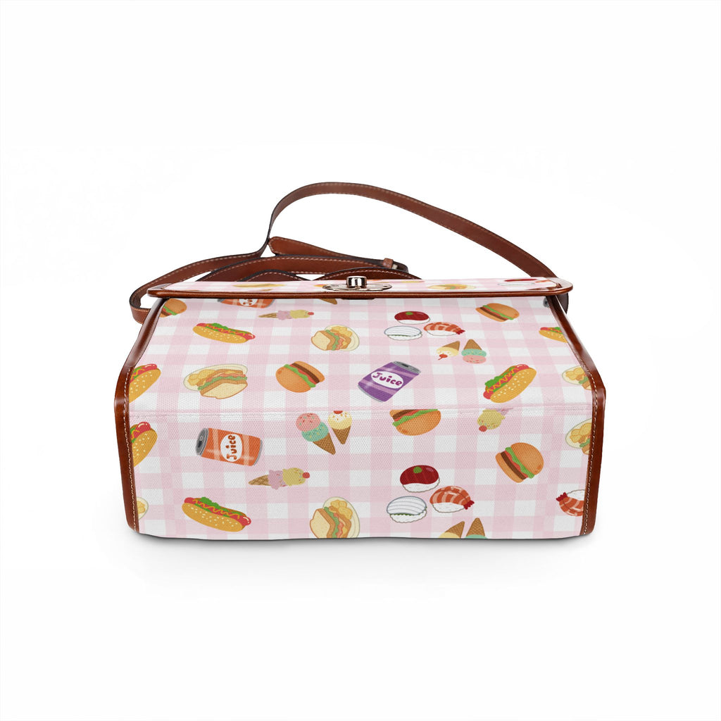 Foodie Picnic Snacks pink gingham Pattern Waterproof Canvas purse with top handle and shoulder strap, vegan leather foodie accessory