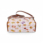 Foodie Picnic Snacks pink gingham Pattern Waterproof Canvas purse with top handle and shoulder strap, vegan leather foodie accessory