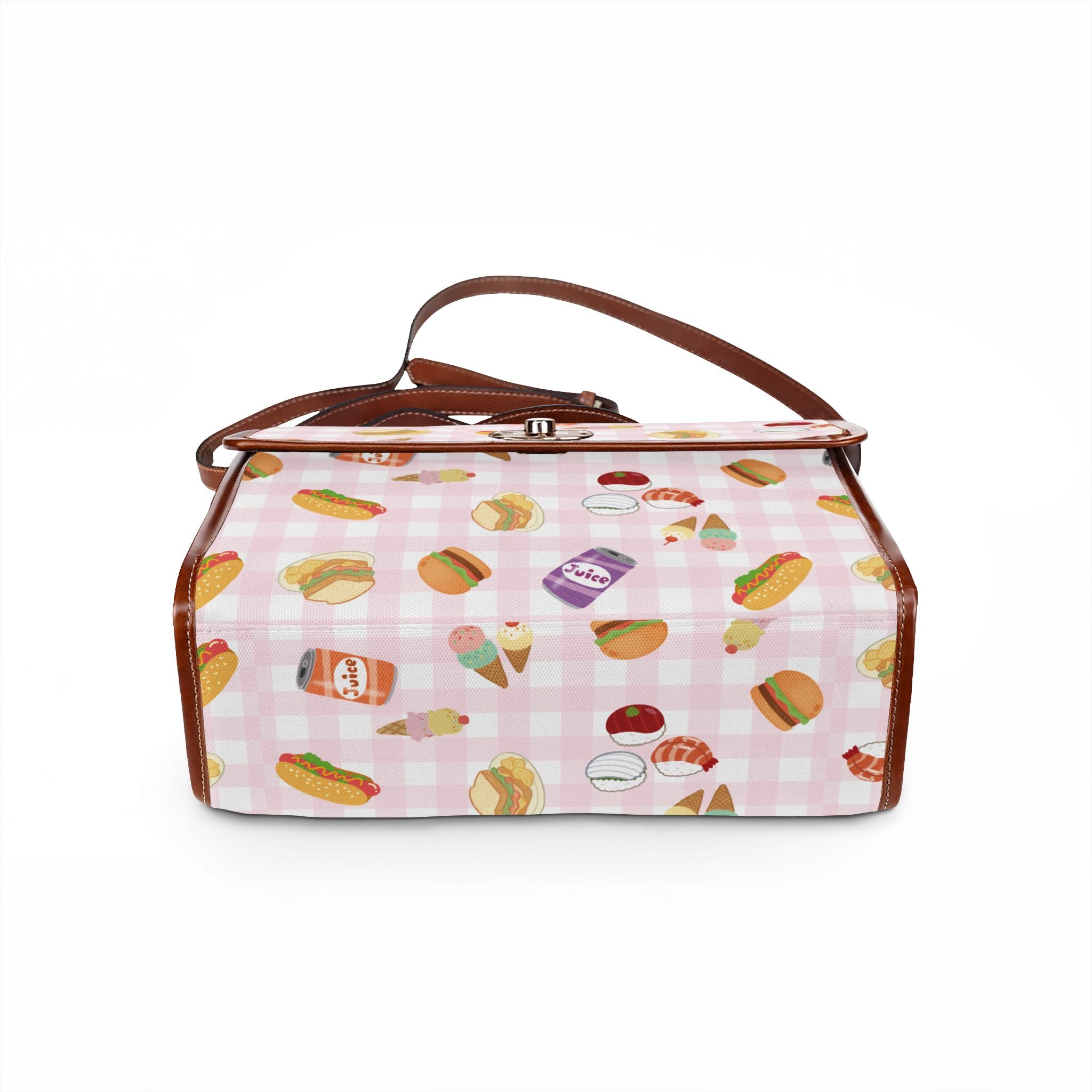 Foodie Picnic Snacks pink gingham Pattern Waterproof Canvas purse with top handle and shoulder strap, vegan leather foodie accessory