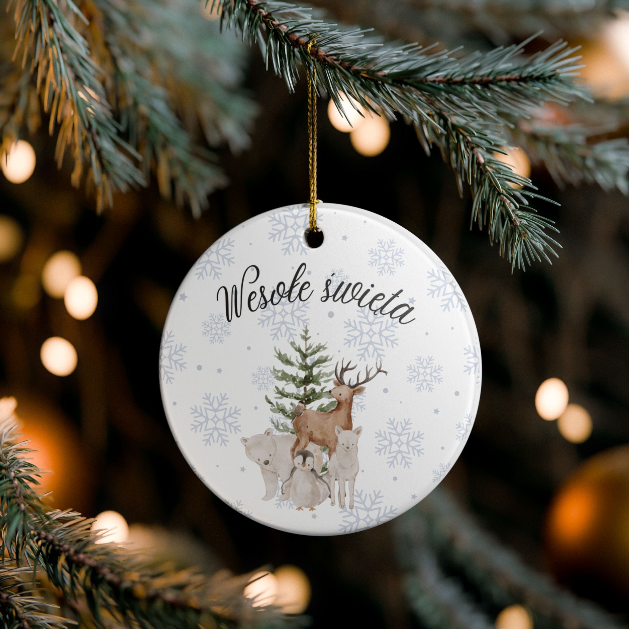 Wesole Swieta Woodland Animals Ornament, Polish Merry Christmas Ceramic Christmas Decoration
