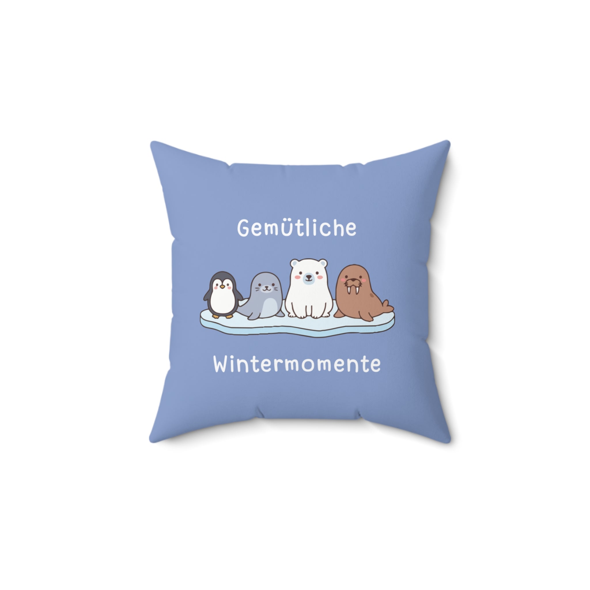 Gemütliche Wintermomente German winter blue themed square pillow, Cozy Winter Animals Pillow