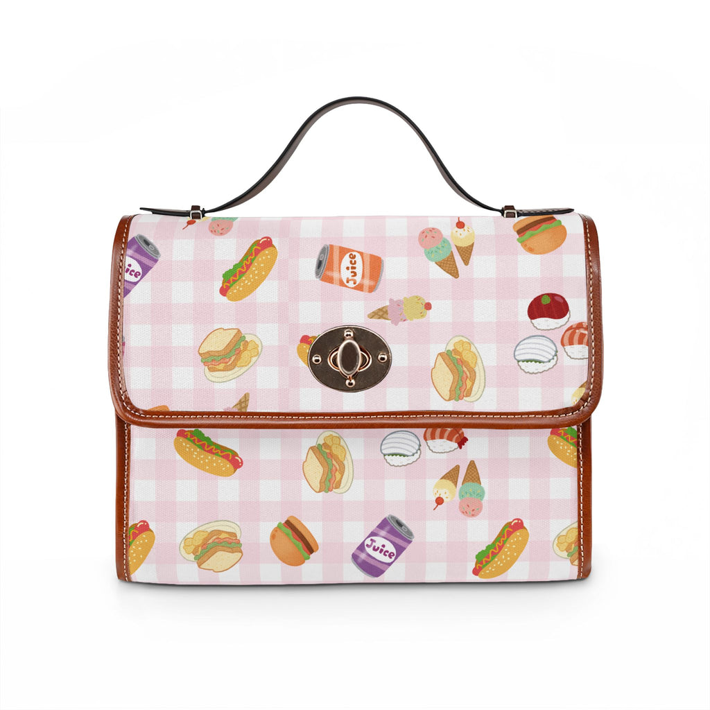 Foodie Picnic Snacks pink gingham Pattern Waterproof Canvas purse with top handle and shoulder strap, vegan leather foodie accessory