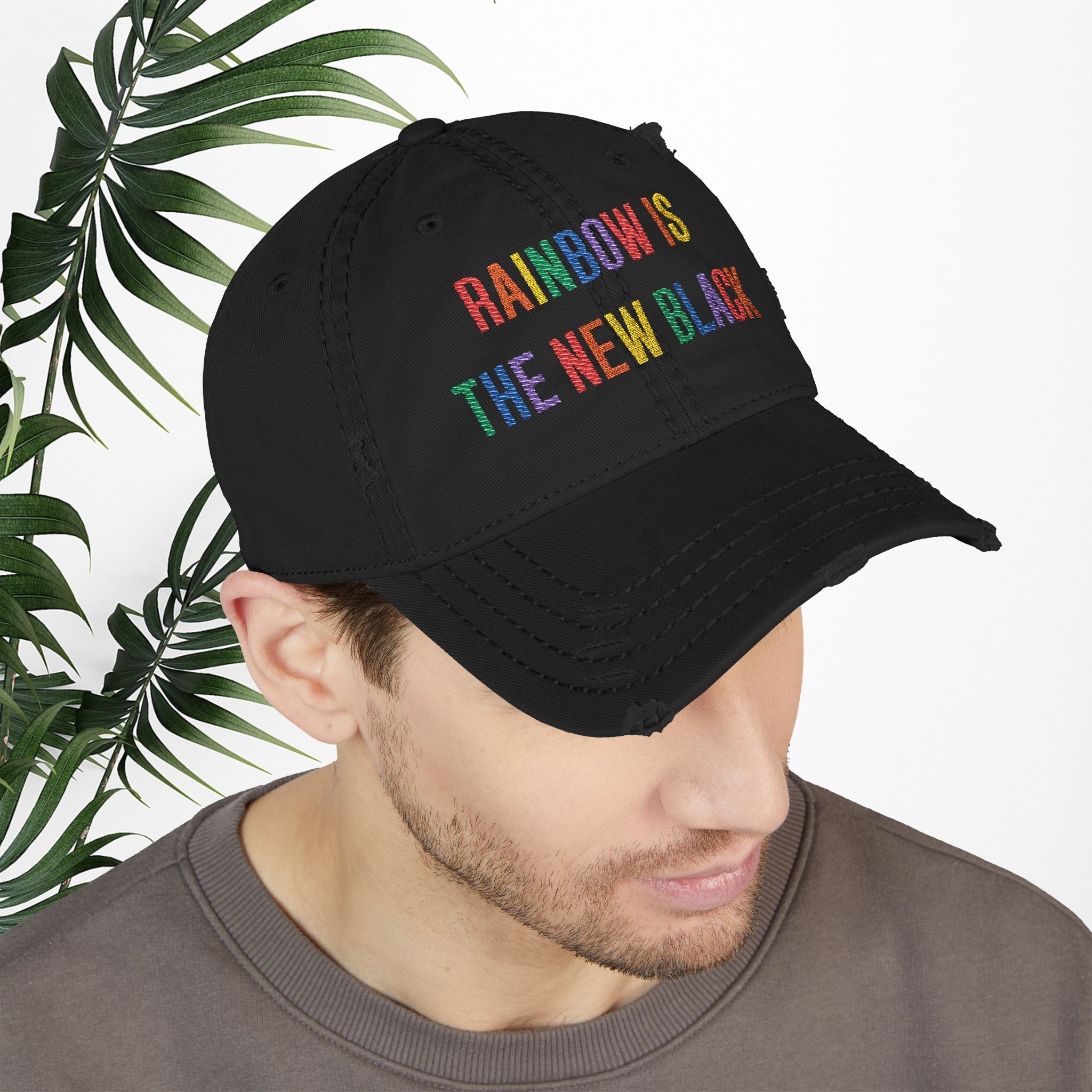 Bespattered Facade "Rainbow Is the New Black" Colorful Embroidered Distressed Dad Hat