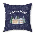 Joyeux Noël dark blue Holiday Throw Pillow, Festive Winter Village Décor with snowflake print and cozy winter theme