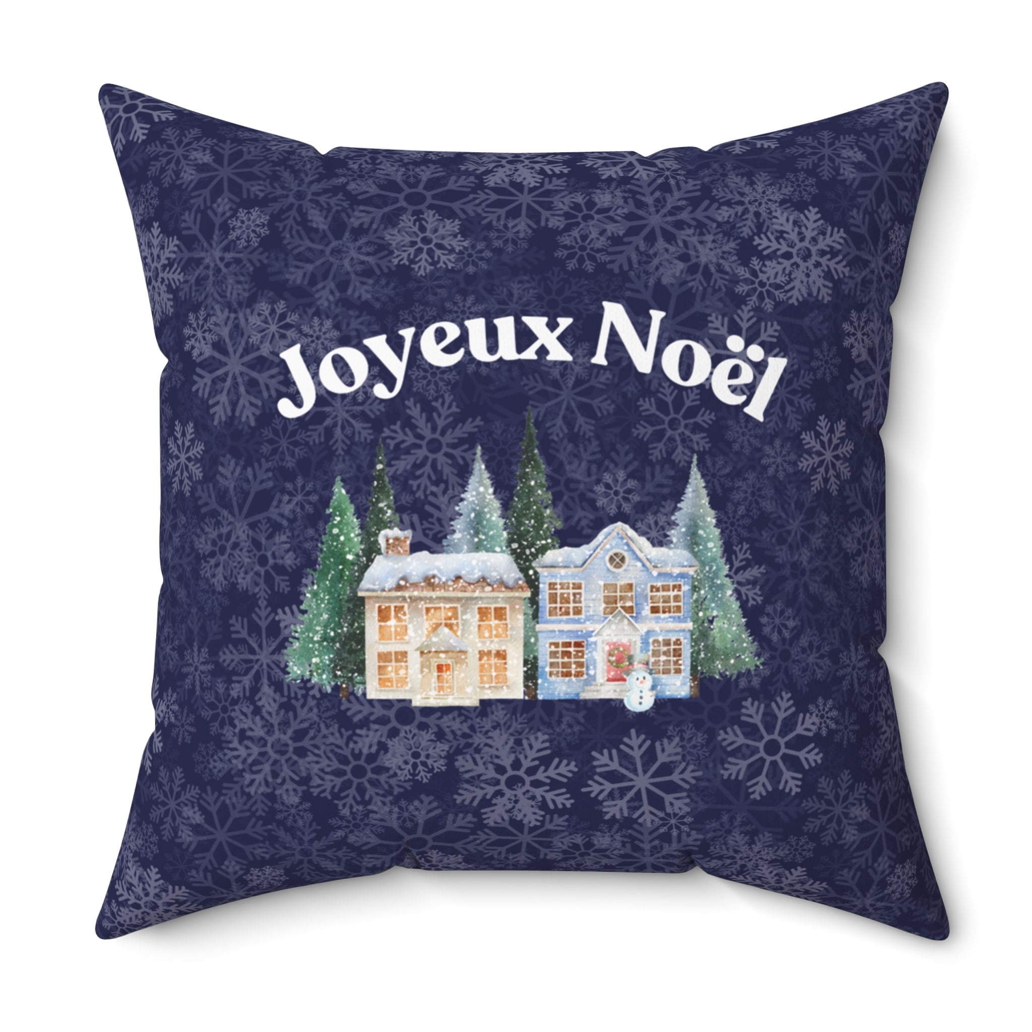 Joyeux Noël dark blue Holiday Throw Pillow, Festive Winter Village Décor with snowflake print and cozy winter theme