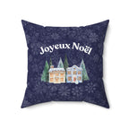 Joyeux Noël dark blue Holiday Throw Pillow, Festive Winter Village Décor with snowflake print and cozy winter theme