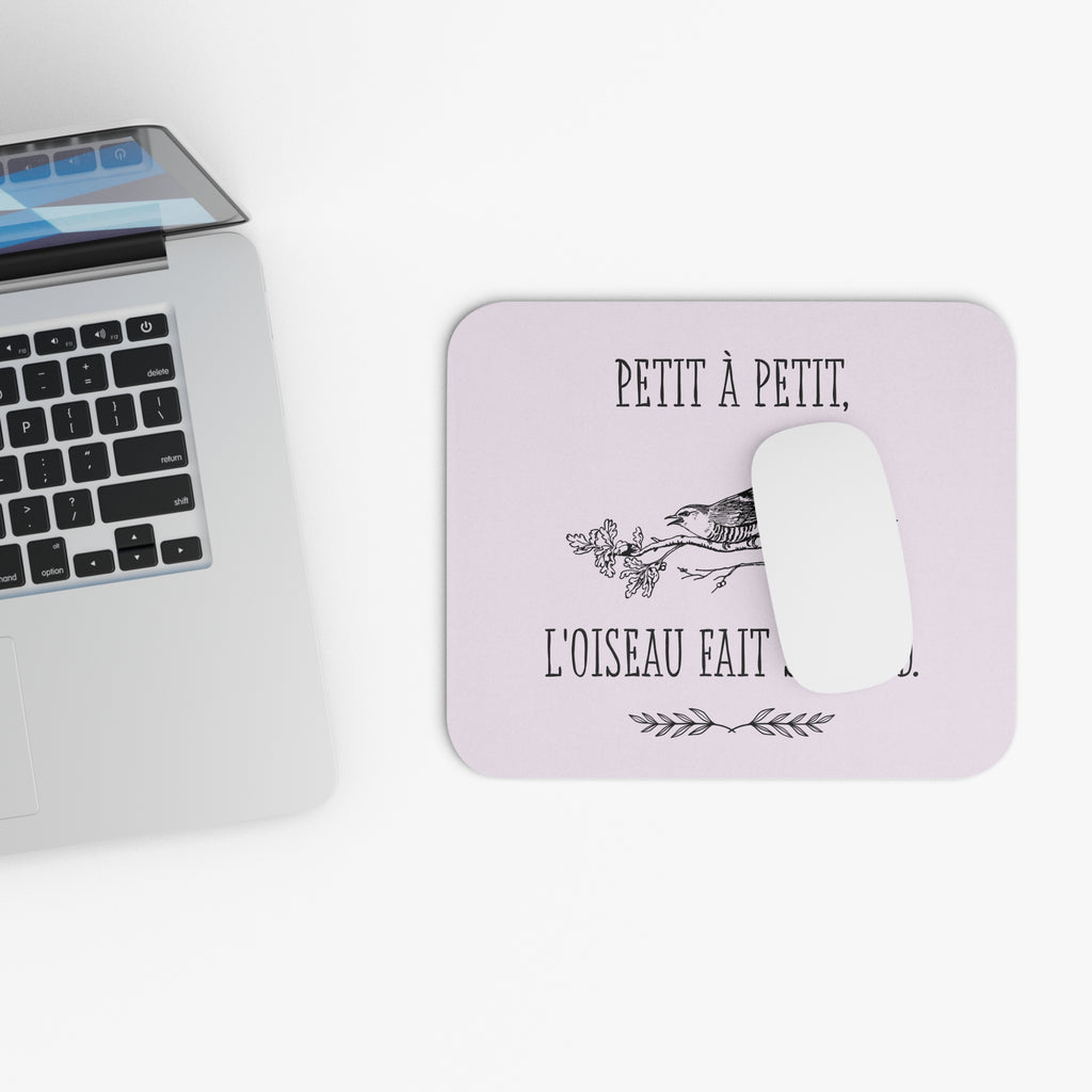 Pink French Quote Mouse Pad — “Petit à petit, l'oiseau fait son nid” Decorative Desk Mat