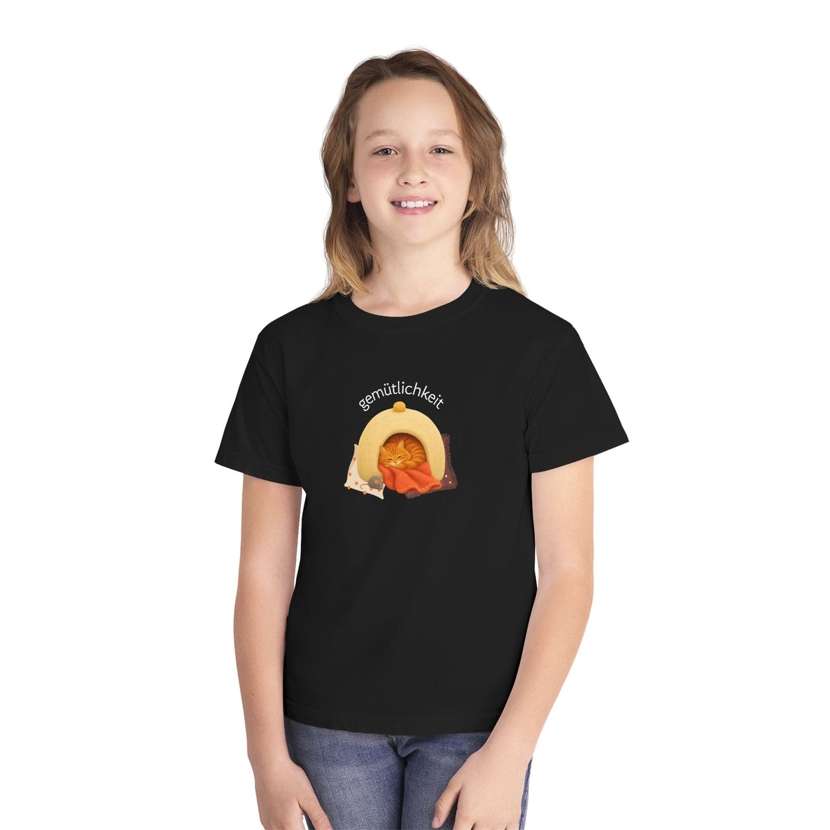 Gemütlichkeit Cozy Cat Youth Tee – German-Inspired Kids Graphic Shirt