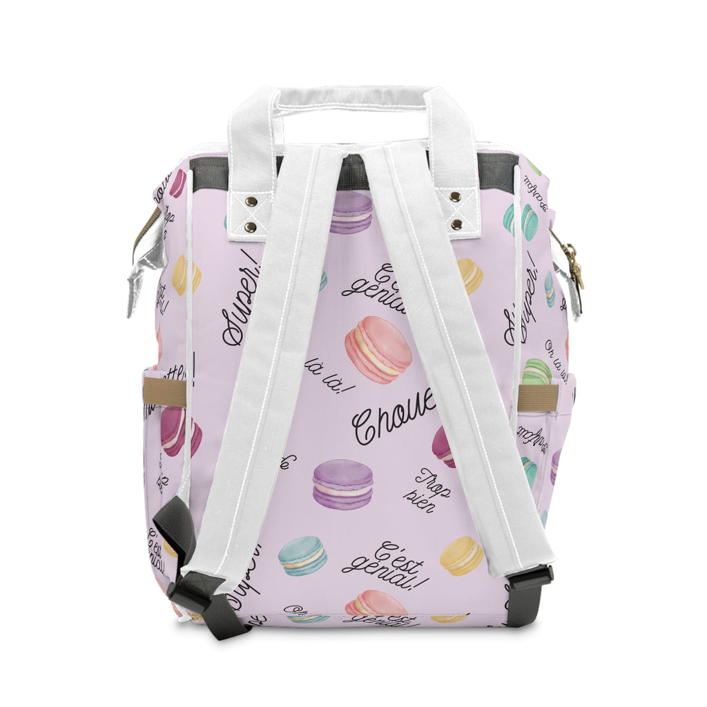 Pastel French Macarons Print Diaper Backpack with French phrases, Cute Pastel Baby Bag for New Parents
