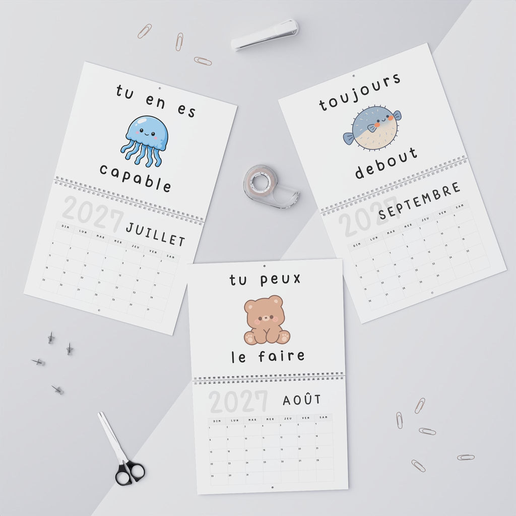 French motivational phrases kawaii Monthly Wall Calendar 2027, Cute Encouragement Calendar