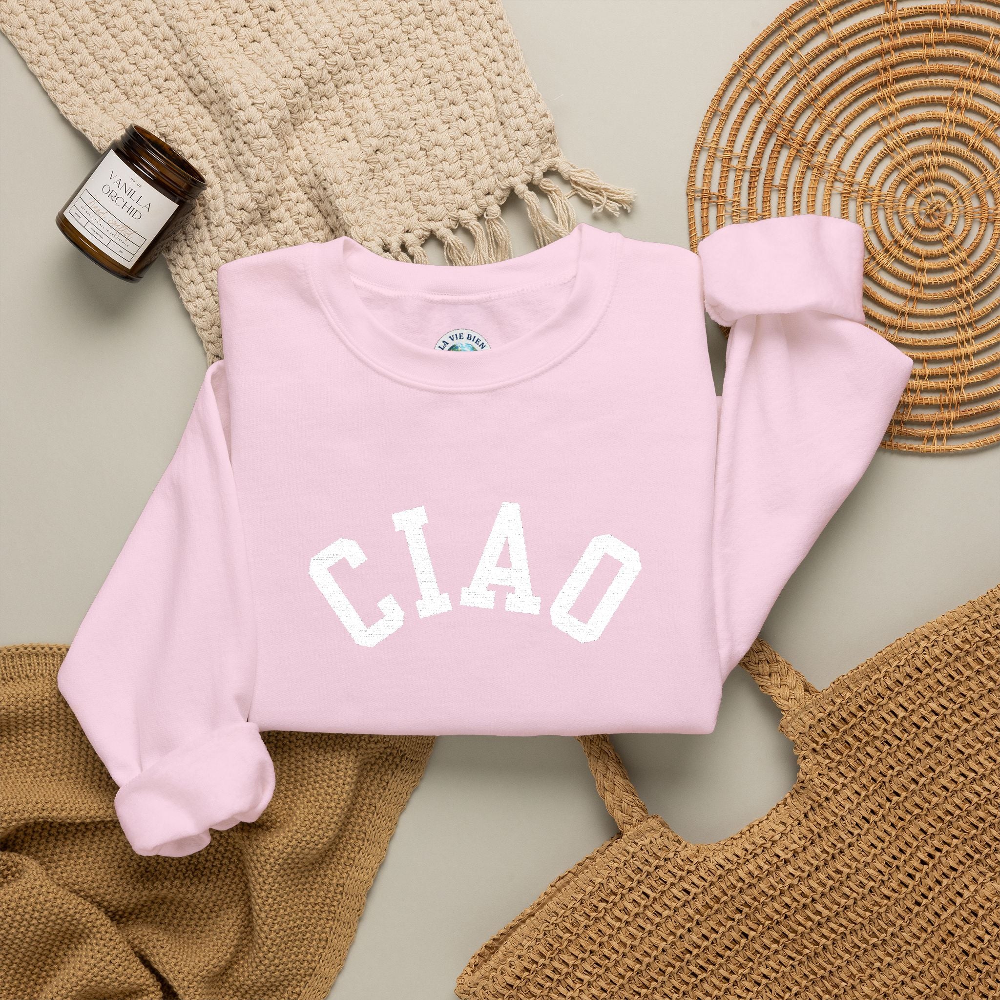 Ciao embroidered Italian Crewneck Sweatshirt, Italian Greeting Graphic Pullover