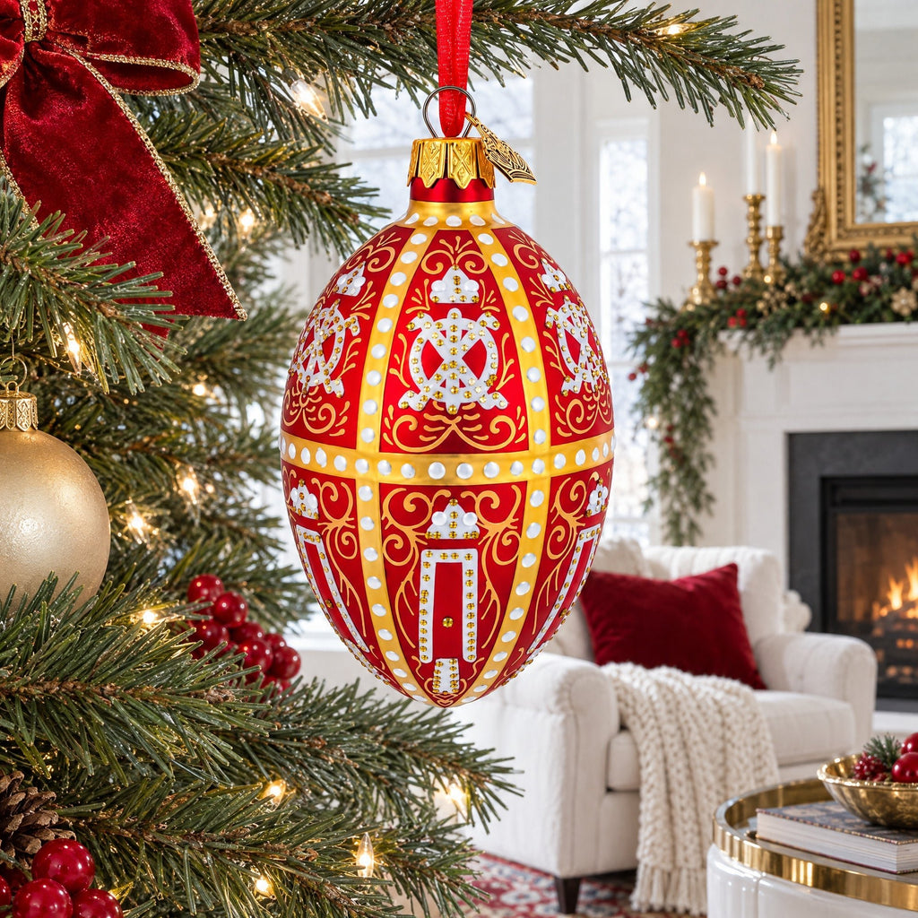 1896 Twelve Monograms in Red Royal Egg Glass Ornament 4 Inches Christmas Ornaments > Royal La Vie Bien 1896 Twelve Monograms in Red Royal Egg Glass Ornament 4 Inches
