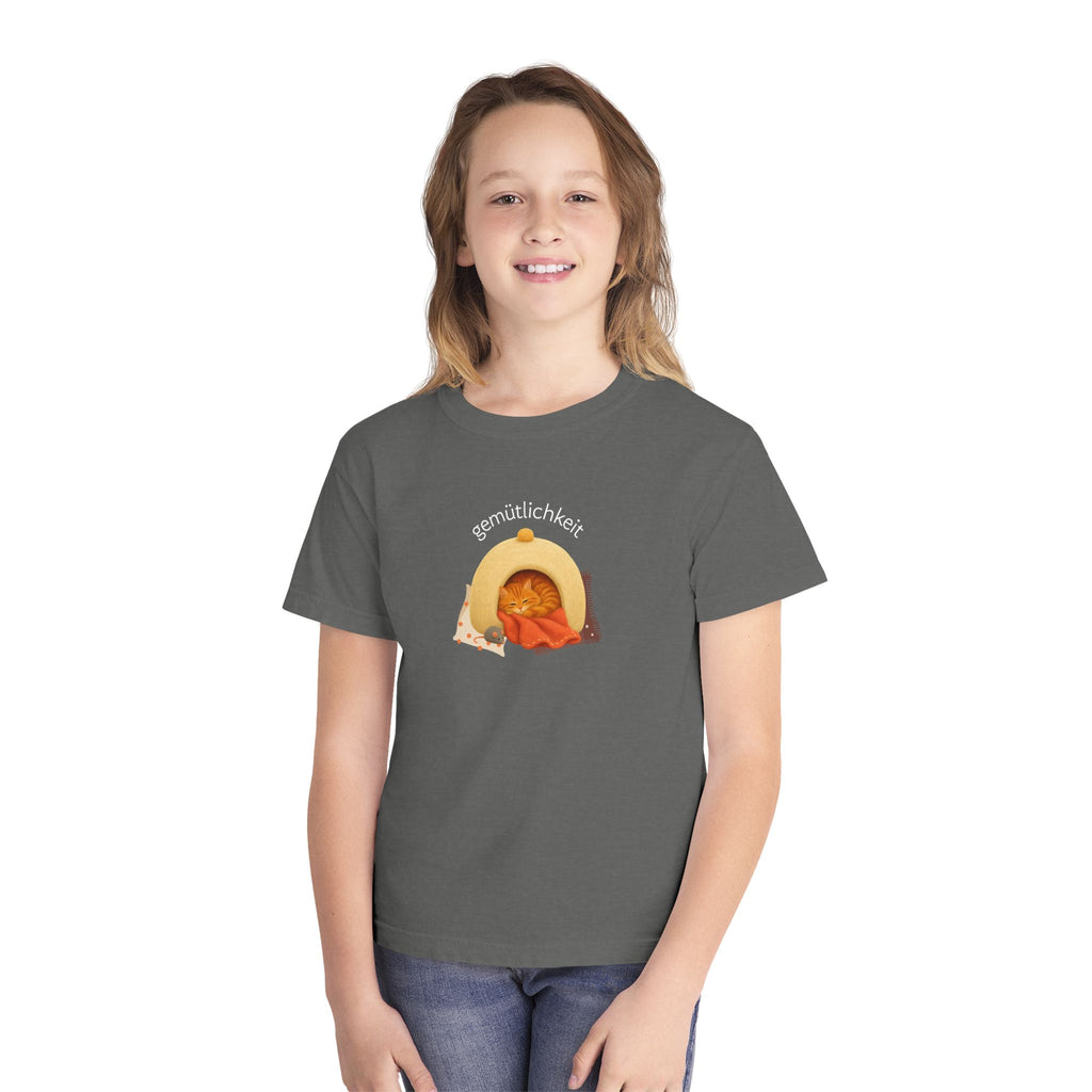 Gemütlichkeit Cozy Cat Youth Tee – German-Inspired Kids Graphic Shirt