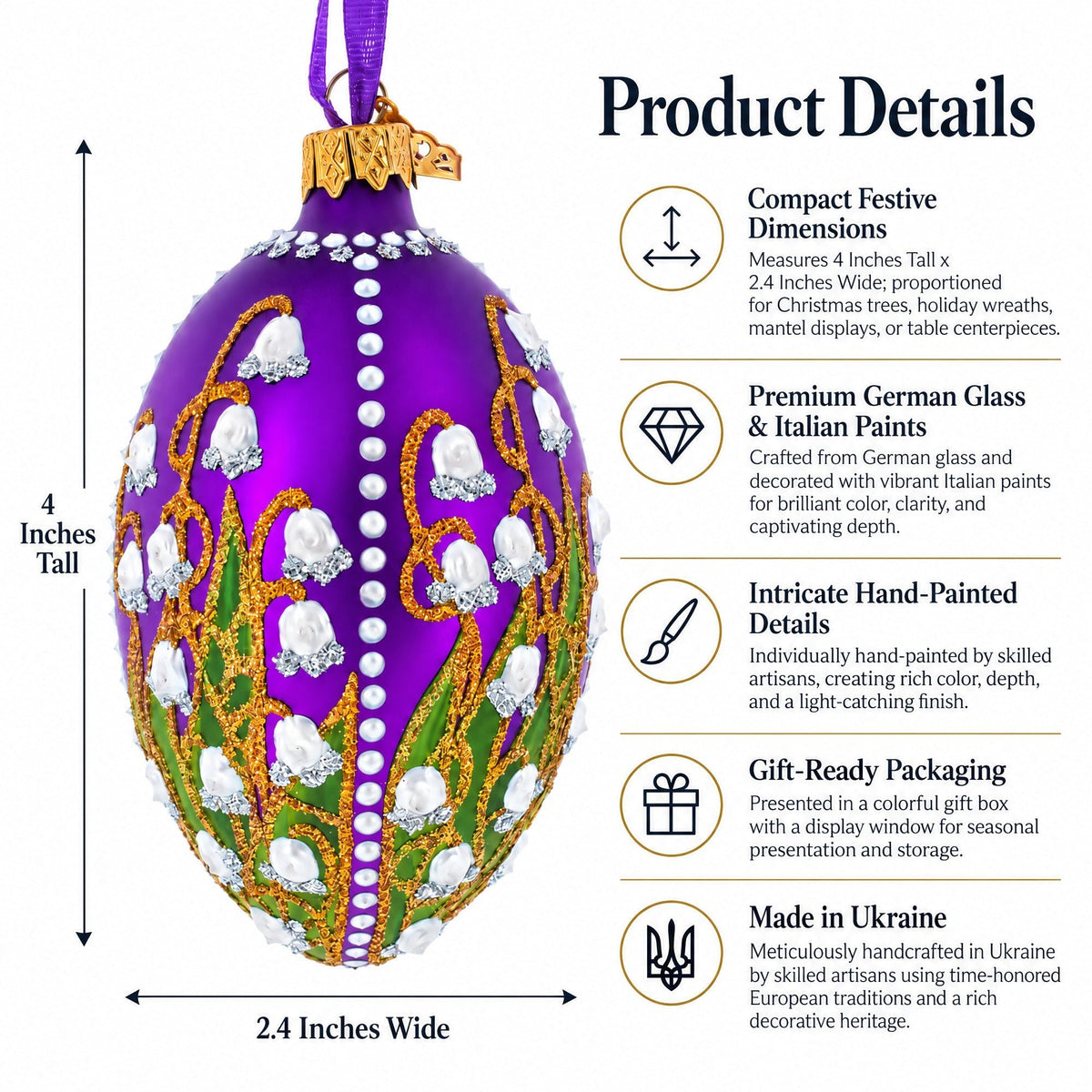 1898 Lilies Of The Valley In Purple Royal Egg Glass Ornament 4 Inches Christmas Ornaments > Royal La Vie Bien 1898 Lilies Of The Valley In Purple Royal Egg Glass Ornament 4 Inches